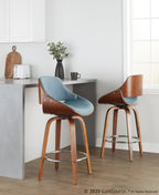 Fabrizzi 26" Fixed-Height Counter Stool - Set of 2 - Walnut Wood, Blue Fabric