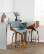 Fabrizzi 26" Fixed-Height Counter Stool - Set of 2 - Walnut Wood, Blue Fabric