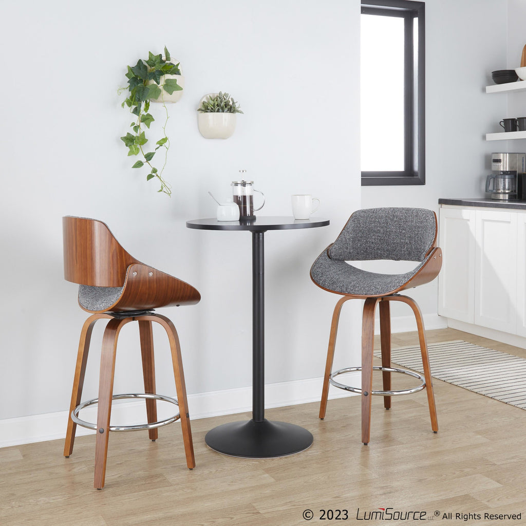 Fabrizzi 26" Fixed-Height Counter Stool - Set of 2 - Walnut Wood, Chrome Metal, Noise Grey Fabric