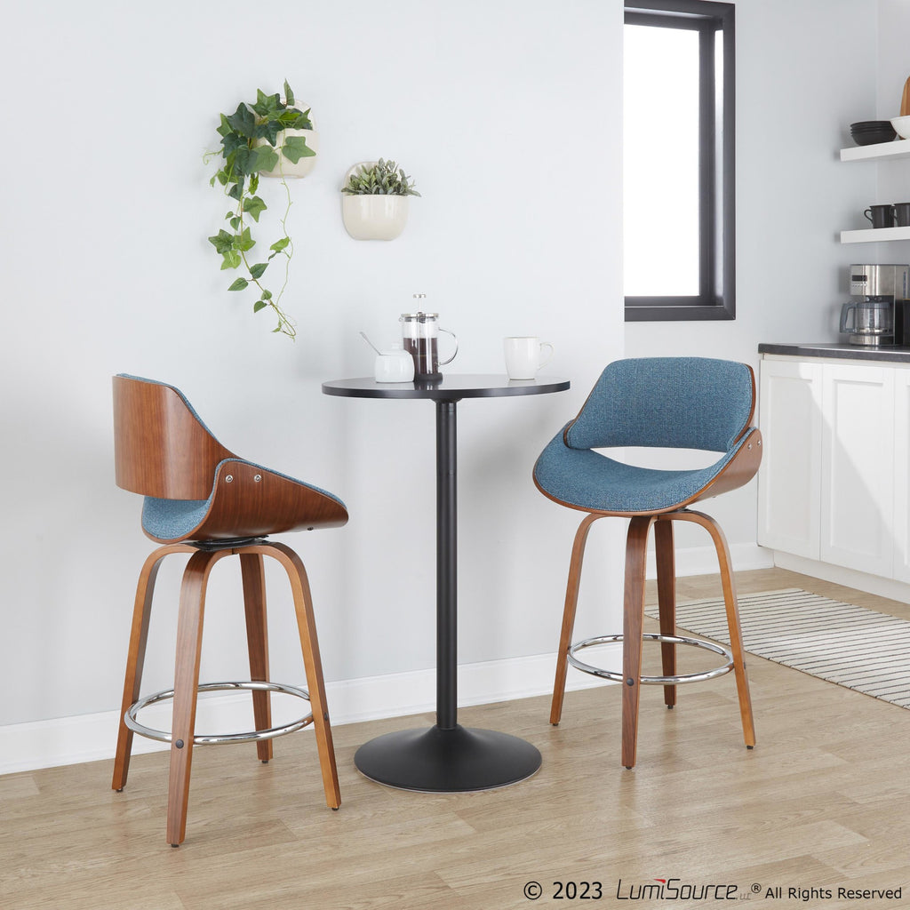 Fabrizzi 26" Fixed-Height Counter Stool - Set of 2 - Walnut Wood, Blue Fabric