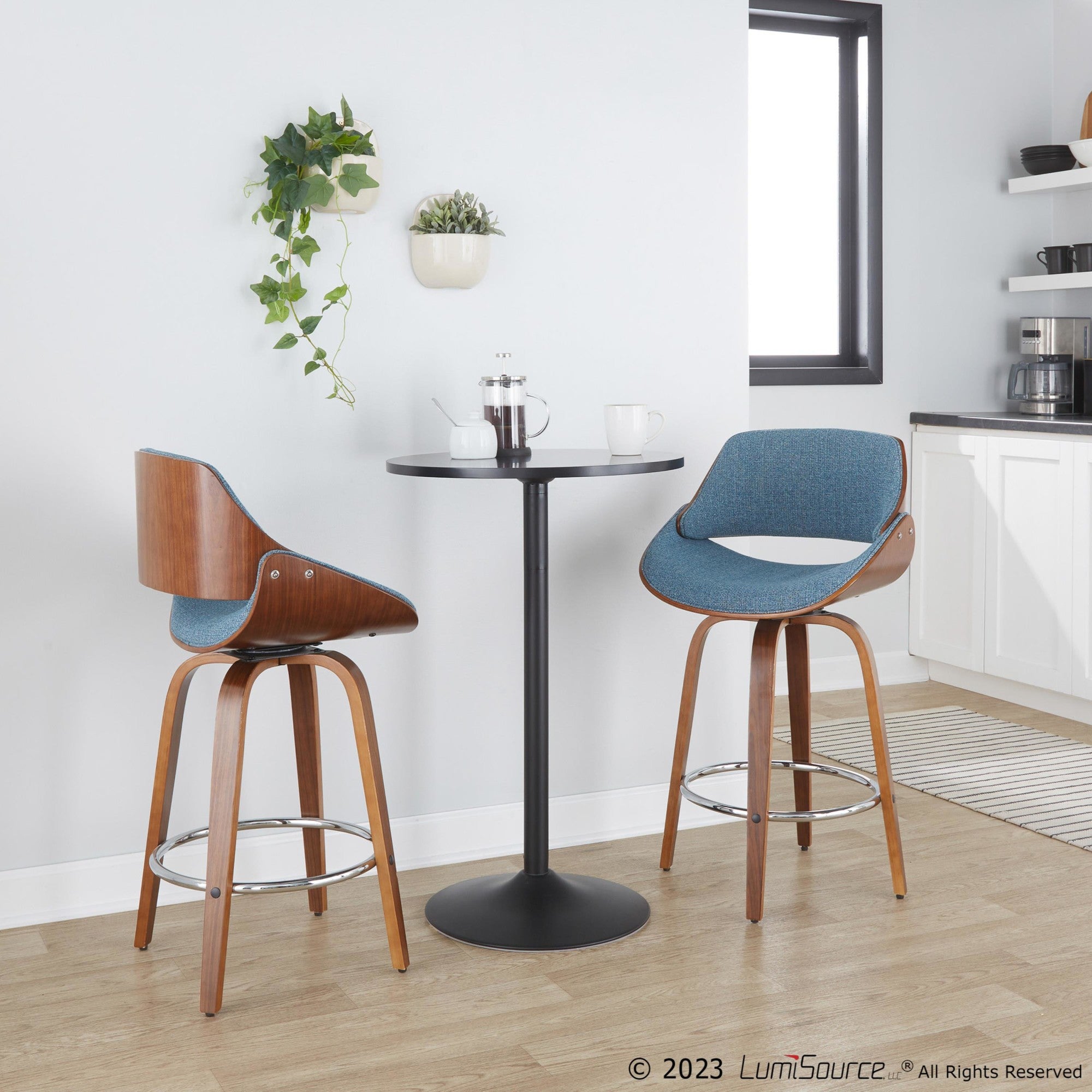 Fabrizzi 26" Fixed-Height Counter Stool - Set of 2 - Walnut Wood, Blue Fabric