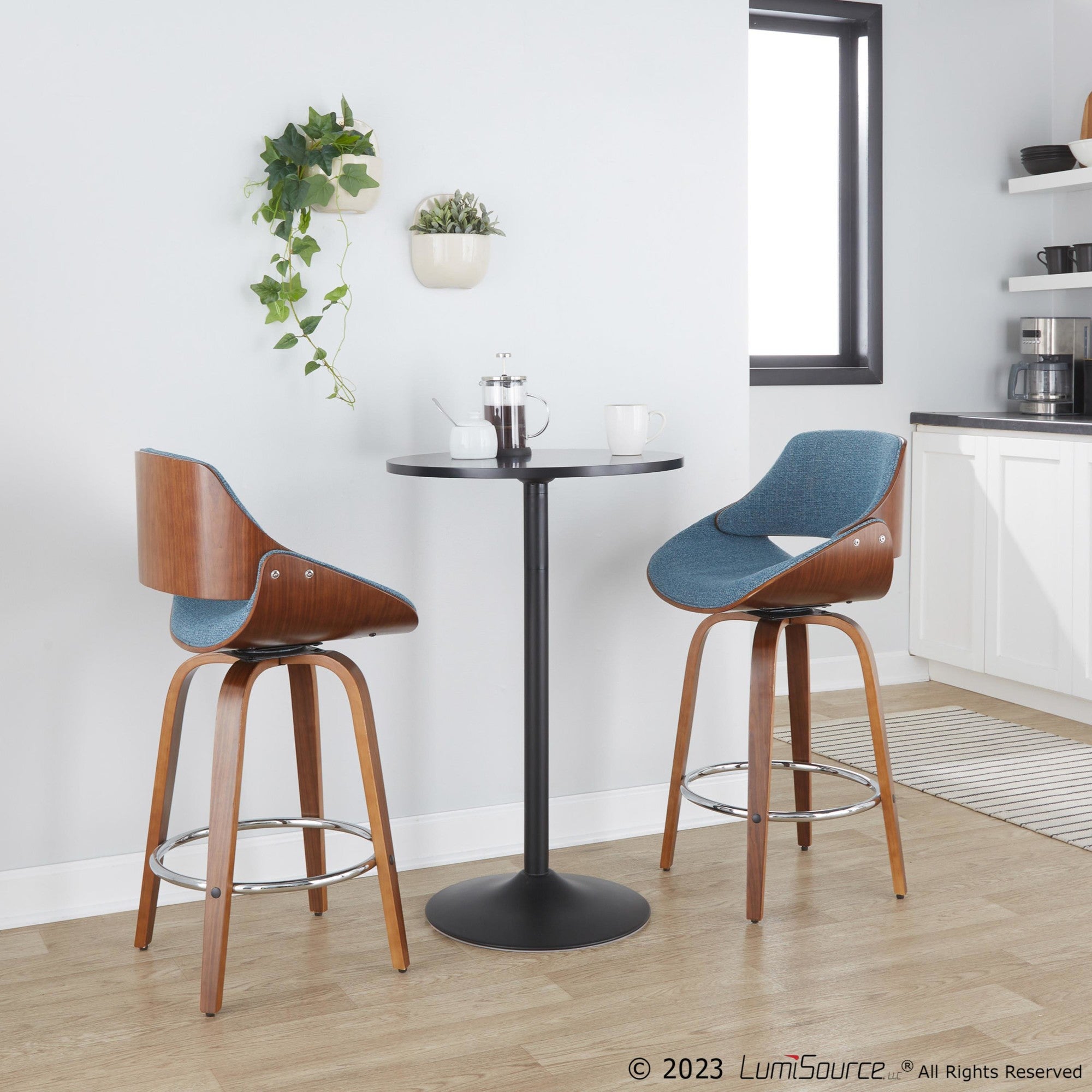 Fabrizzi 26" Fixed-Height Counter Stool - Set of 2 - Walnut Wood, Blue Fabric