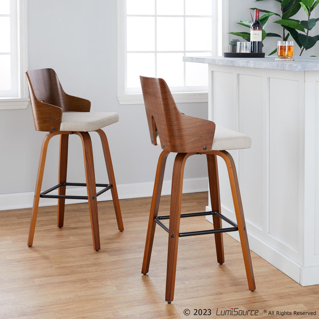Ariana 30" Fixed-Height Barstool - Set of 2 - Walnut Wood, Beige Fabric, Black Metal