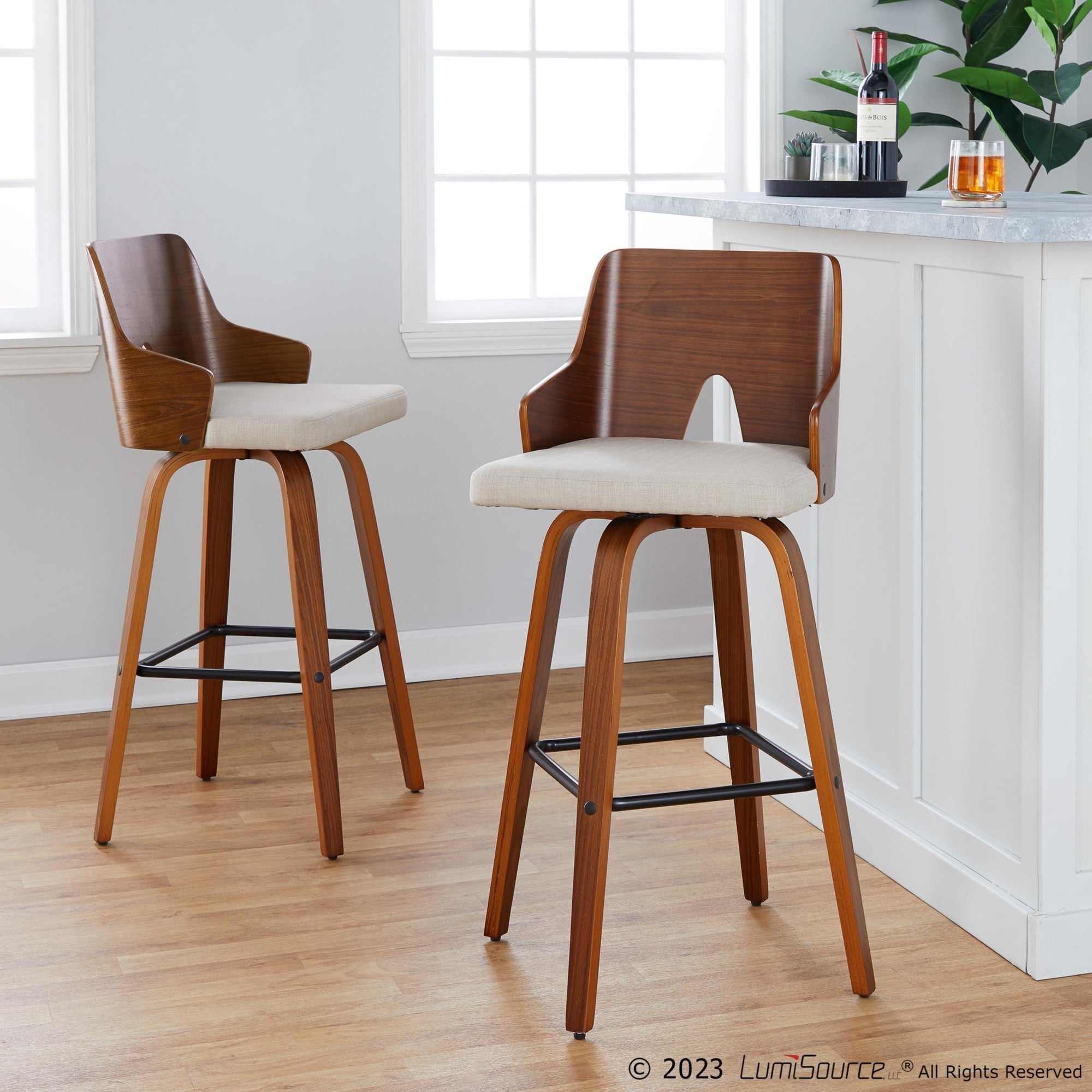 Ariana 30" Fixed-Height Barstool - Set of 2 - Walnut Wood, Beige Fabric, Black Metal