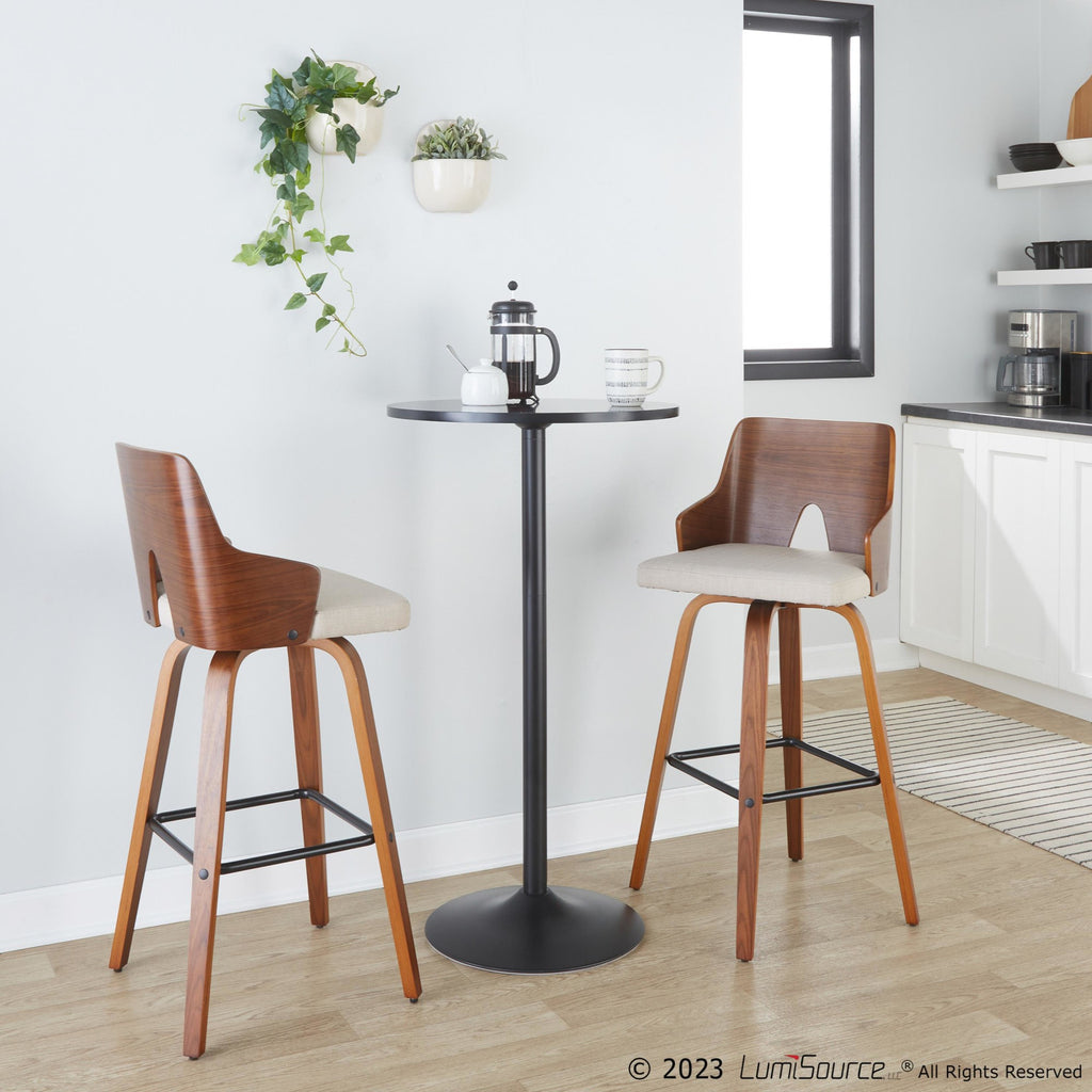 Ariana 30" Fixed-Height Barstool - Set of 2 - Walnut Wood, Beige Fabric, Black Metal