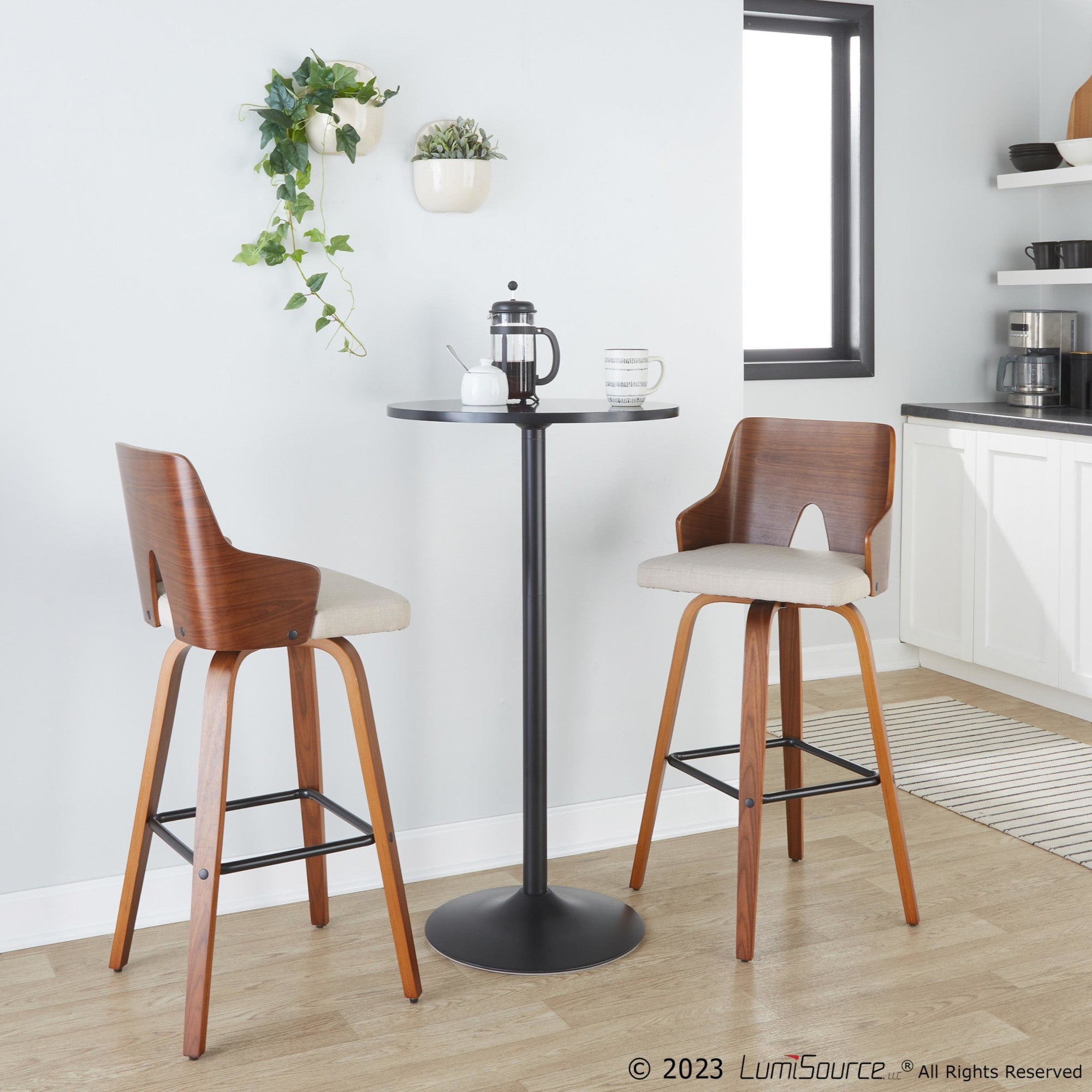 Ariana 30" Fixed-Height Barstool - Set of 2 - Walnut Wood, Beige Fabric, Black Metal