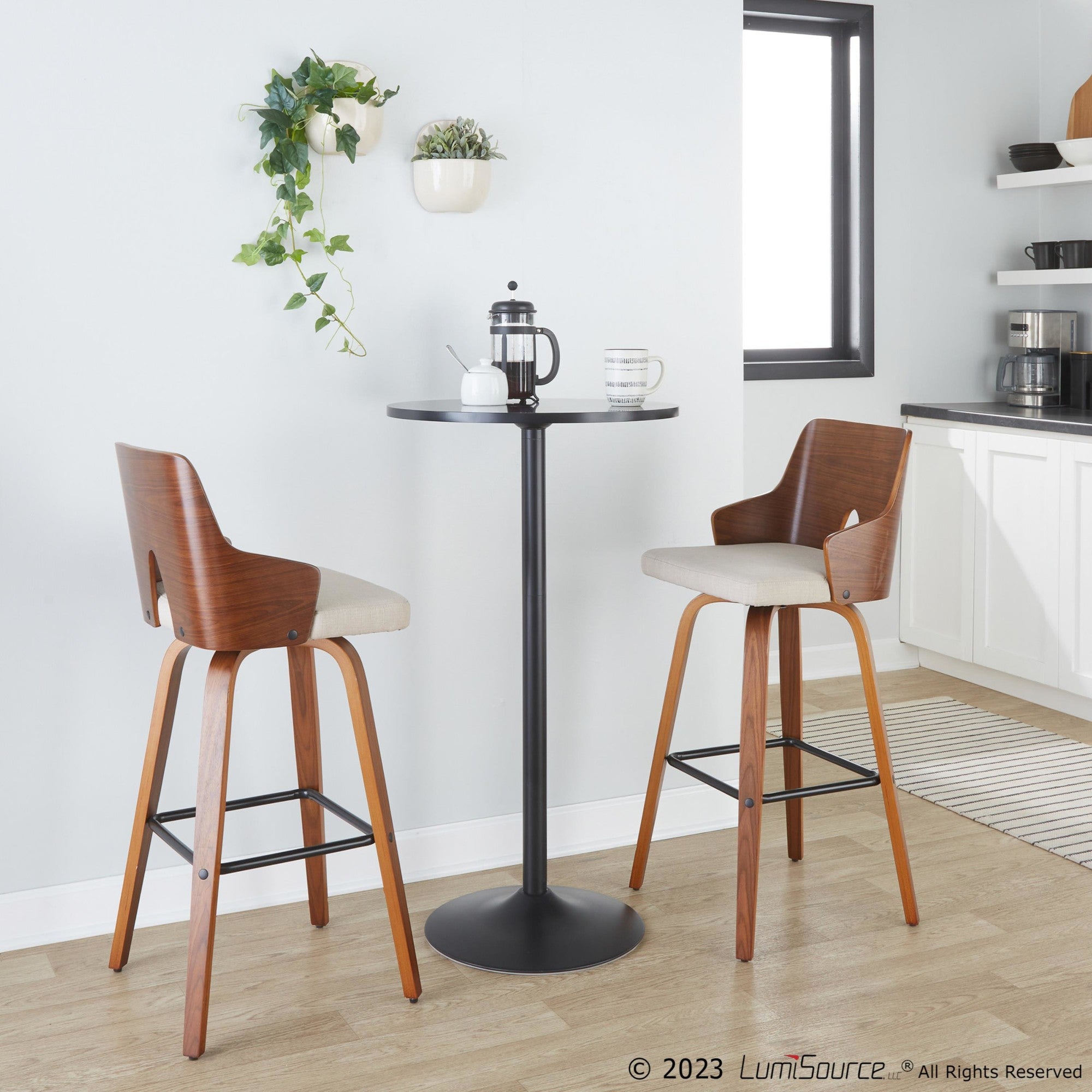 Ariana 30" Fixed-Height Barstool - Set of 2 - Walnut Wood, Beige Fabric, Black Metal