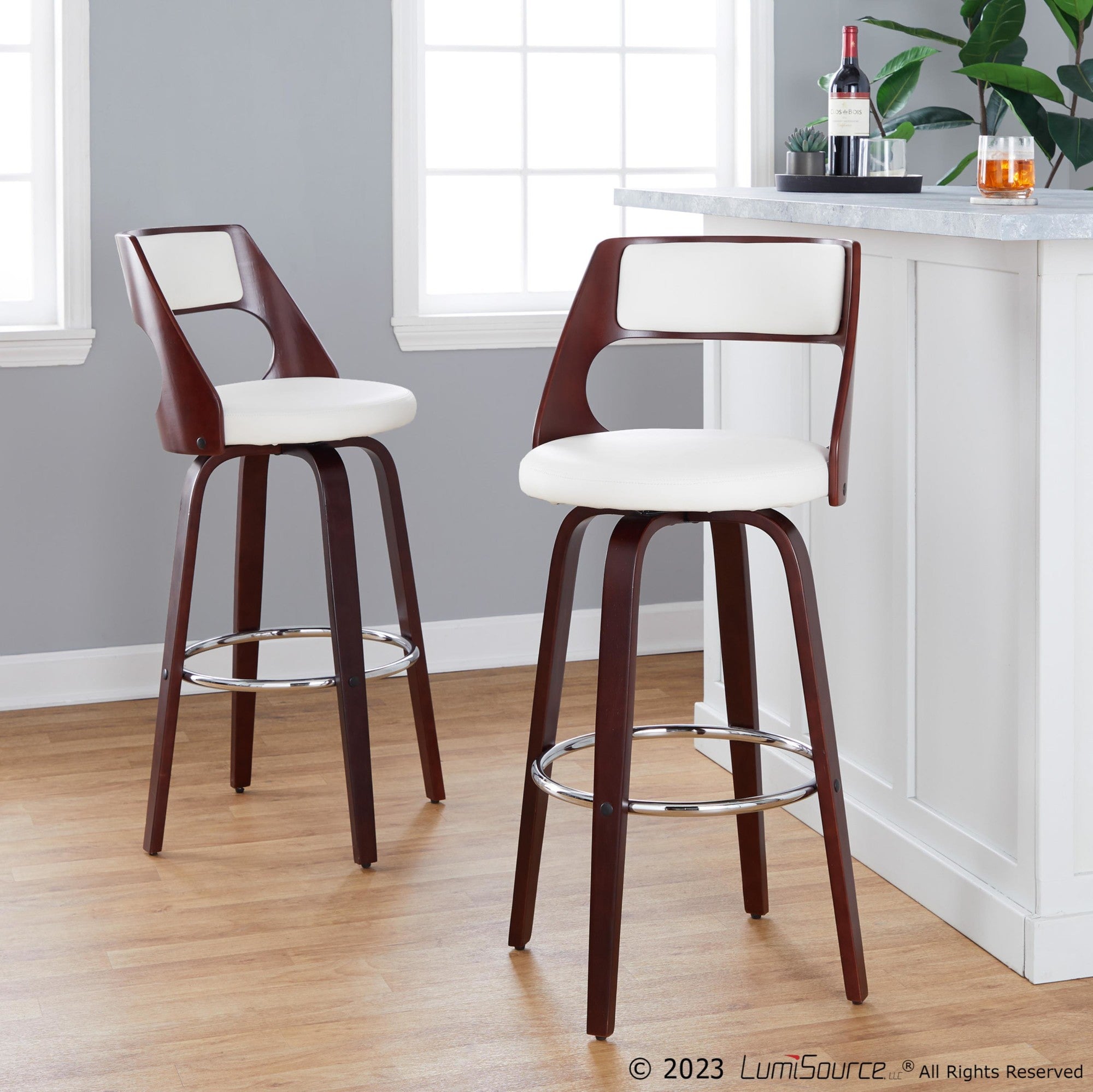 Cecina 30'' Fixed-Height Barstool - Set of 2 - Mahogany Wood, Chrome Metal, White PU