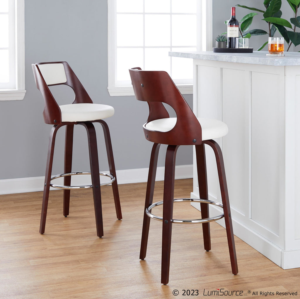 Cecina 30'' Fixed-Height Barstool - Set of 2 - Mahogany Wood, Chrome Metal, White PU