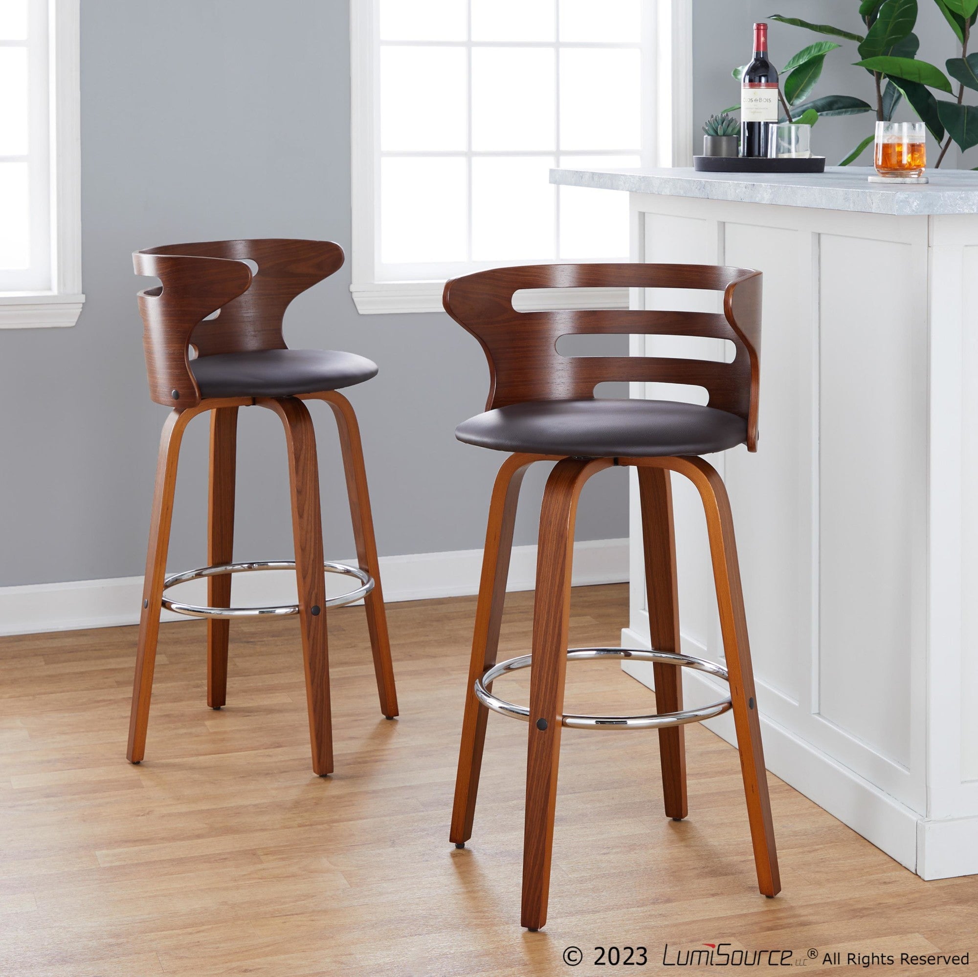 Cosini 30" Fixed-Height Barstool - Set of 2 - Walnut Wood, Brown PU, Chrome Metal