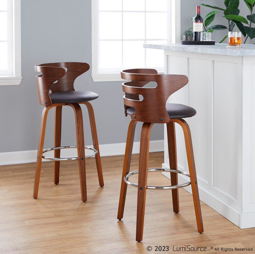 Cosini 30" Fixed-Height Barstool - Set of 2 - Walnut Wood, Brown PU, Chrome Metal