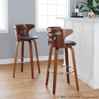 Cosini 30" Fixed-Height Barstool - Set of 2 - Walnut Wood, Brown PU, Chrome Metal