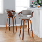 Symphony 30" Fixed-Height Barstool - Set of 2 - Walnut Wood, Chrome Metal, Grey PU