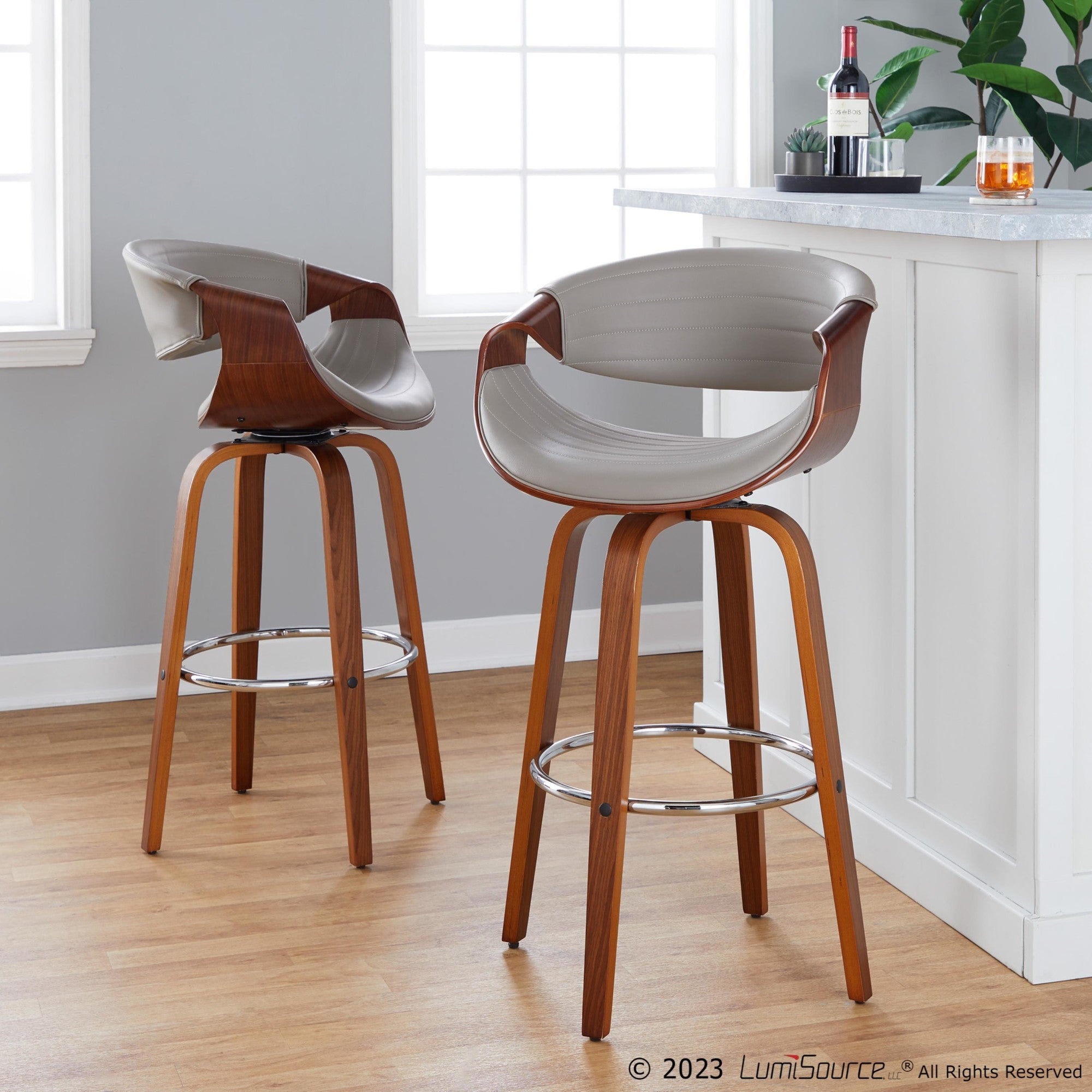 Symphony 30" Fixed-Height Barstool - Set of 2 - Walnut Wood, Chrome Metal, Grey PU