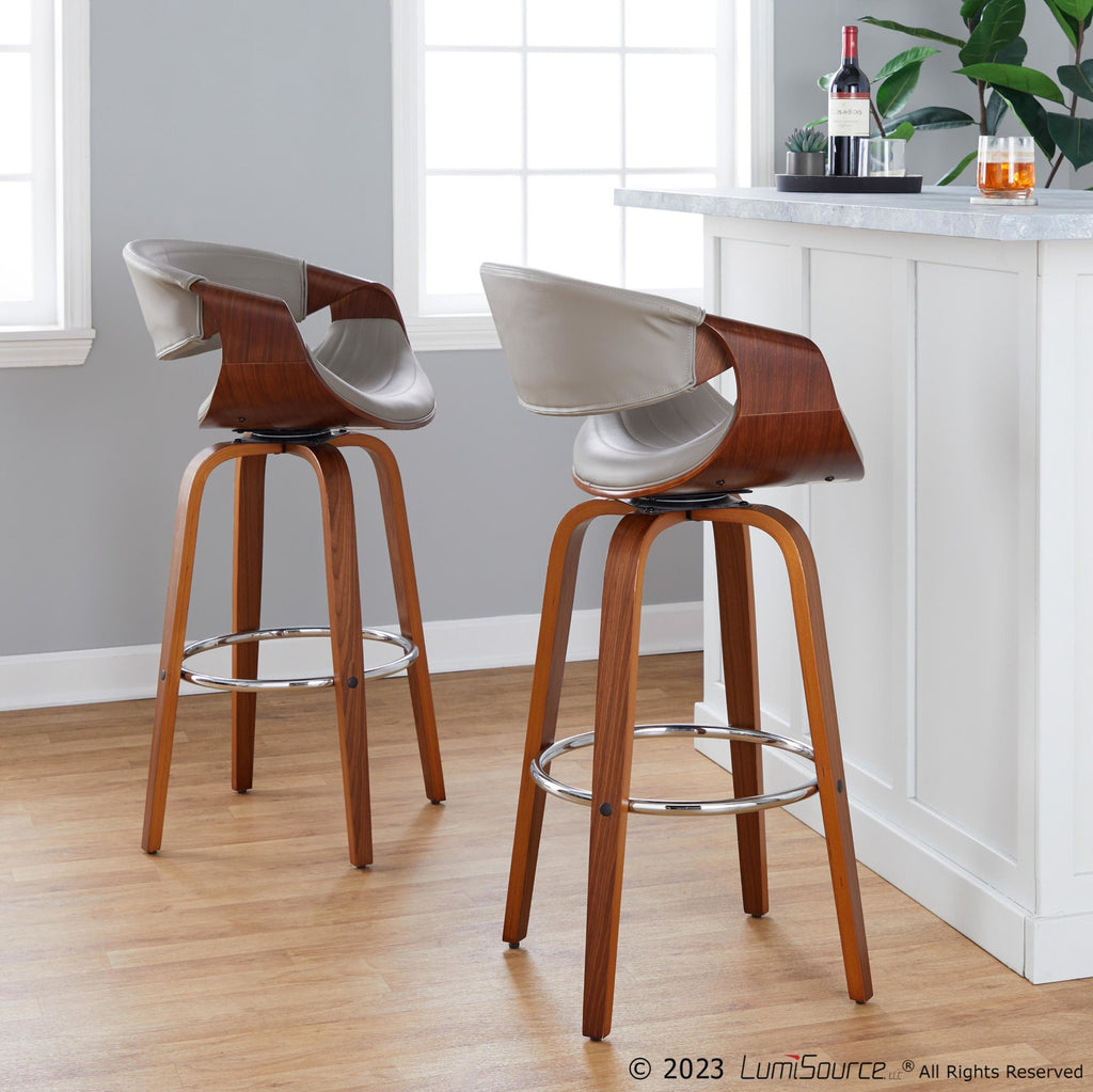 Symphony 30" Fixed-Height Barstool - Set of 2 - Walnut Wood, Chrome Metal, Grey PU