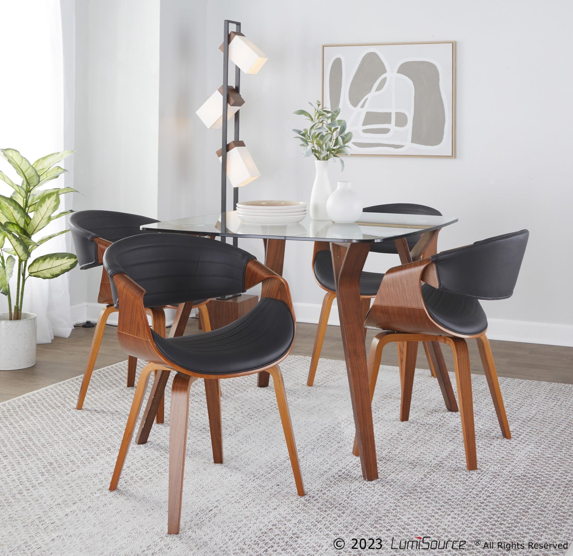 Folia-symphony Square Dining Set - 5 Piece - Clear Glass, Walnut Wood, Black PU