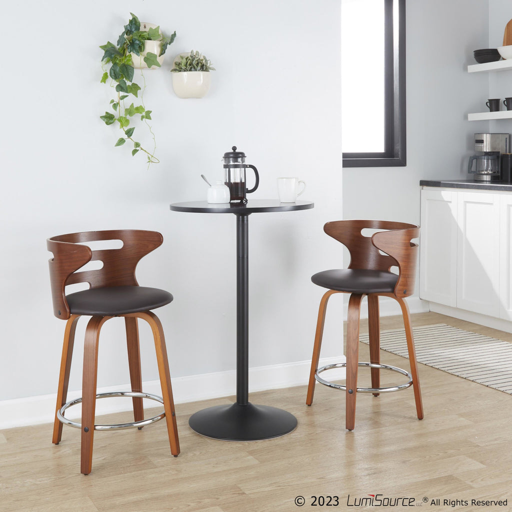 Cosini 24" Fixed-Height Counter Stool - Set of 2 - Walnut Wood, Brown PU, Chrome Metal