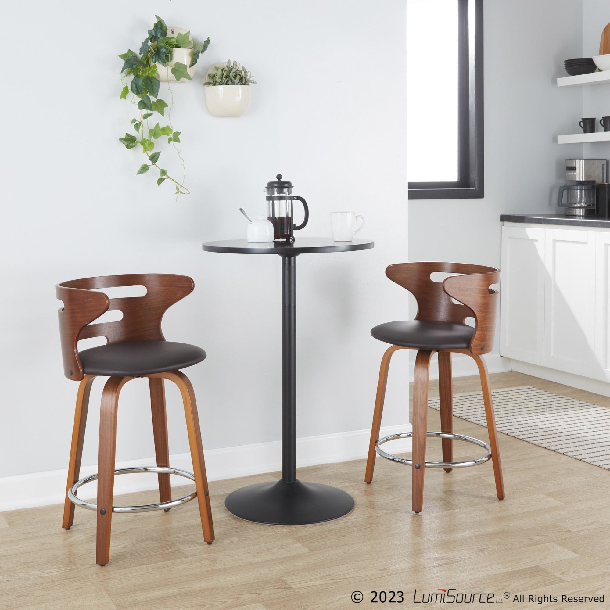 Cosini 24" Fixed-Height Counter Stool - Set of 2 - Walnut Wood, Brown PU, Chrome Metal
