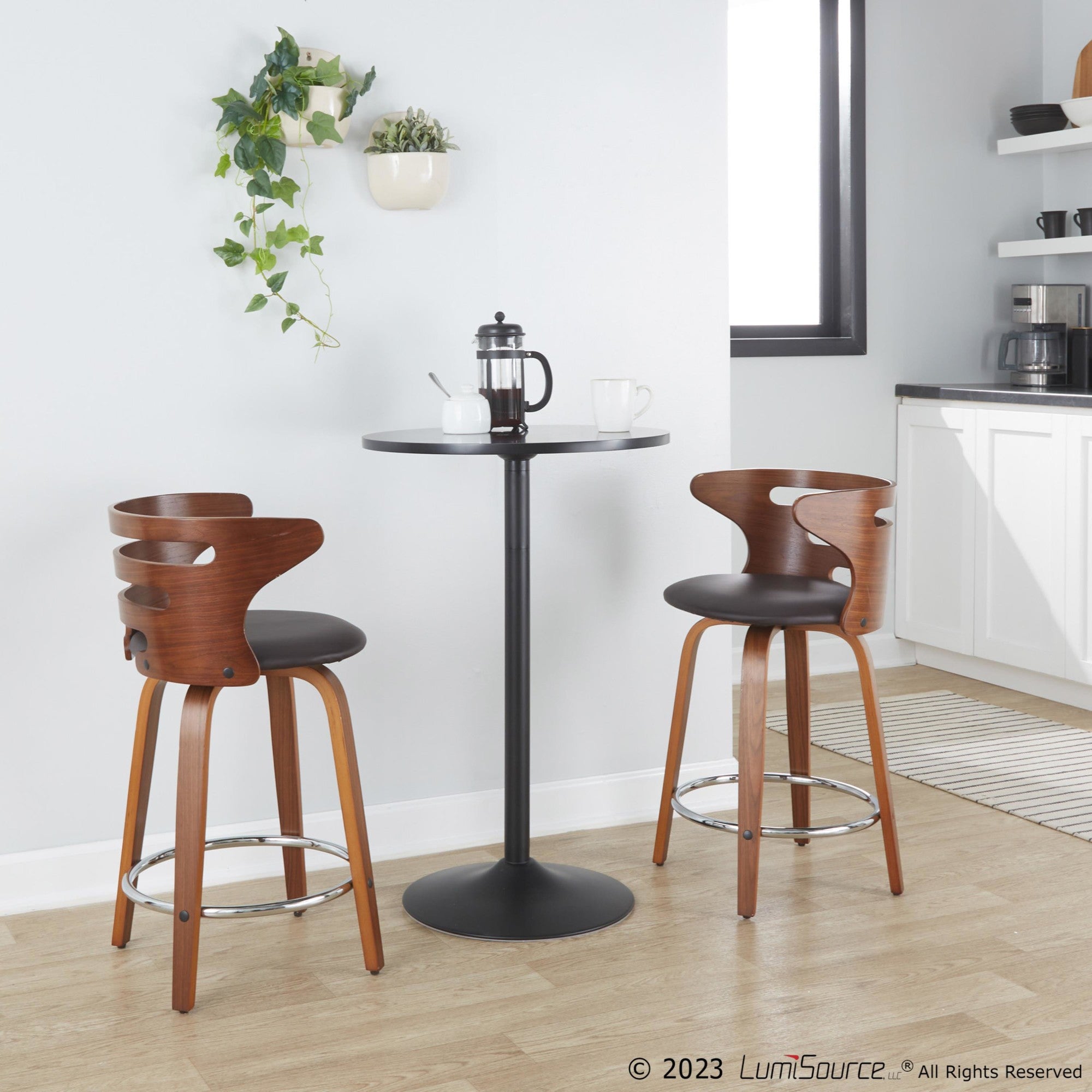 Cosini 24" Fixed-Height Counter Stool - Set of 2 - Walnut Wood, Brown PU, Chrome Metal