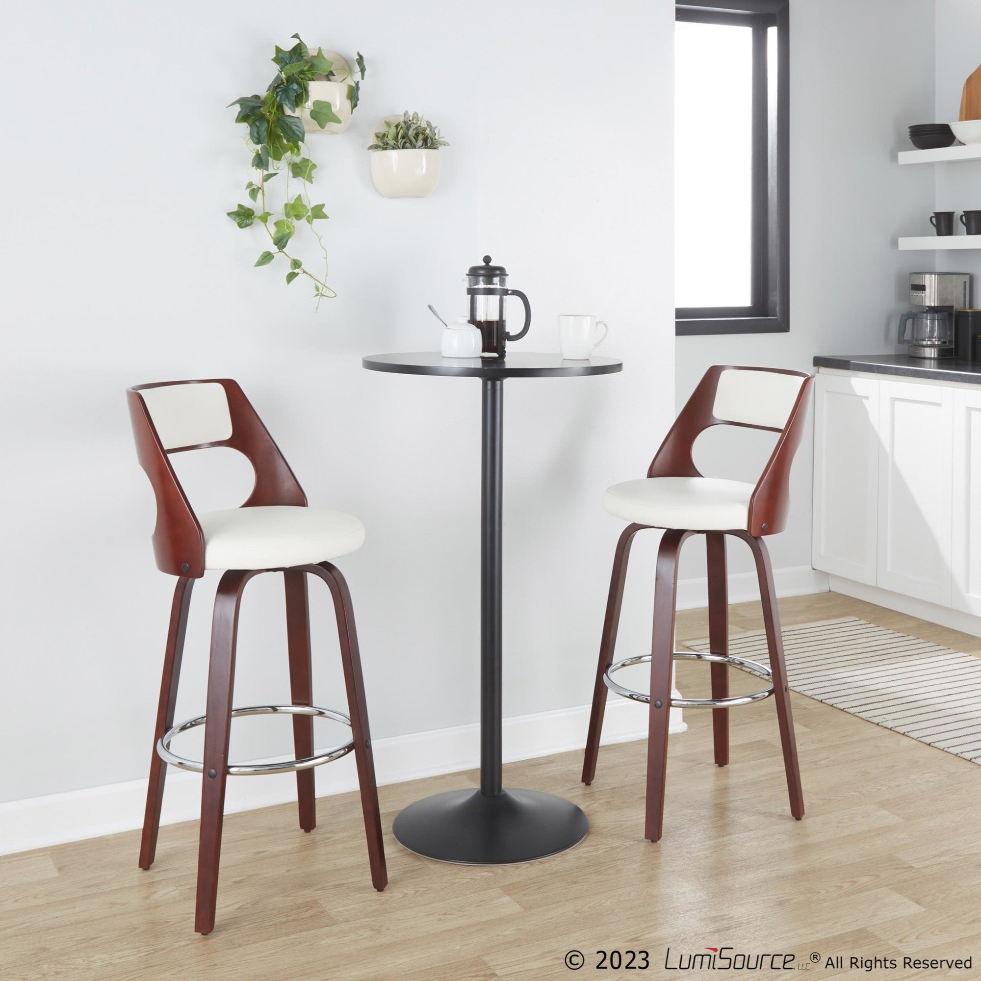 Cecina 30'' Fixed-Height Barstool - Set of 2 - Mahogany Wood, Chrome Metal, White PU