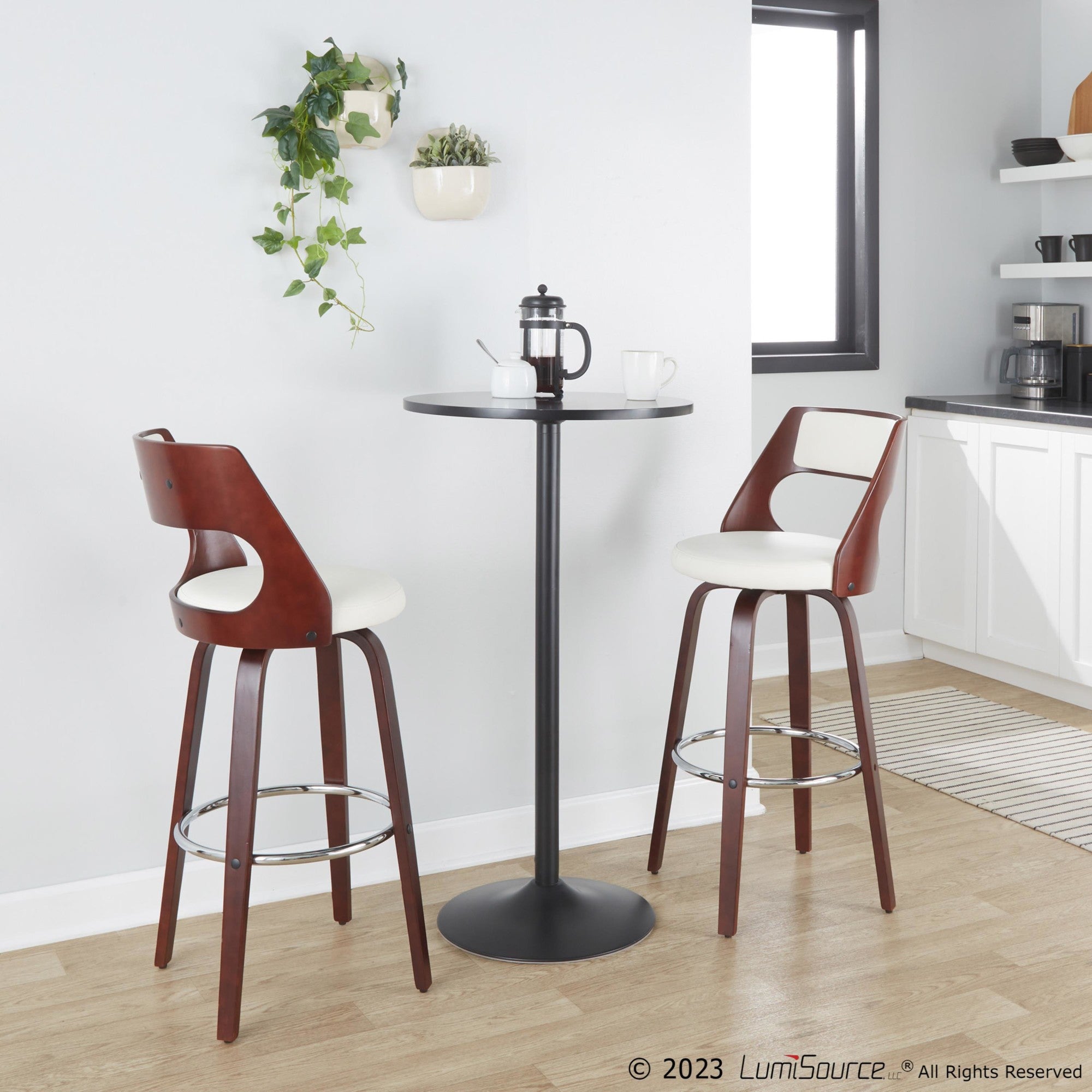 Cecina 30'' Fixed-Height Barstool - Set of 2 - Mahogany Wood, Chrome Metal, White PU