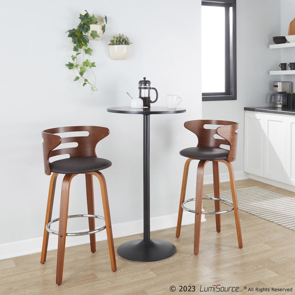 Cosini 30" Fixed-Height Barstool - Set of 2 - Walnut Wood, Brown PU, Chrome Metal