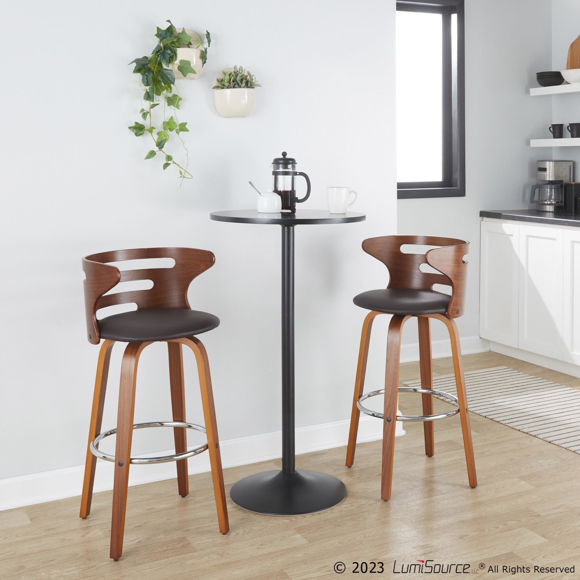 Cosini 30" Fixed-Height Barstool - Set of 2 - Walnut Wood, Brown PU, Chrome Metal
