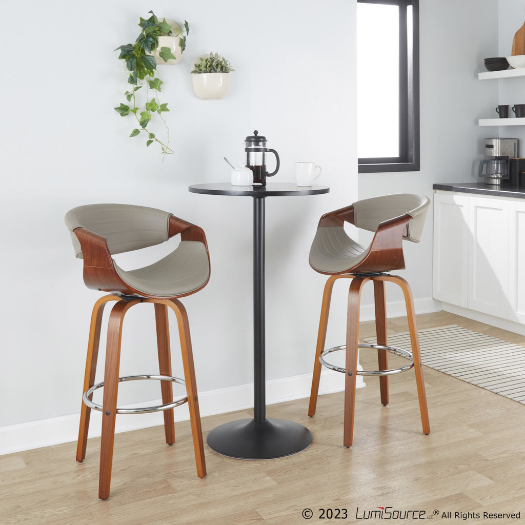 Symphony 30" Fixed-Height Barstool - Set of 2 - Walnut Wood, Chrome Metal, Grey PU