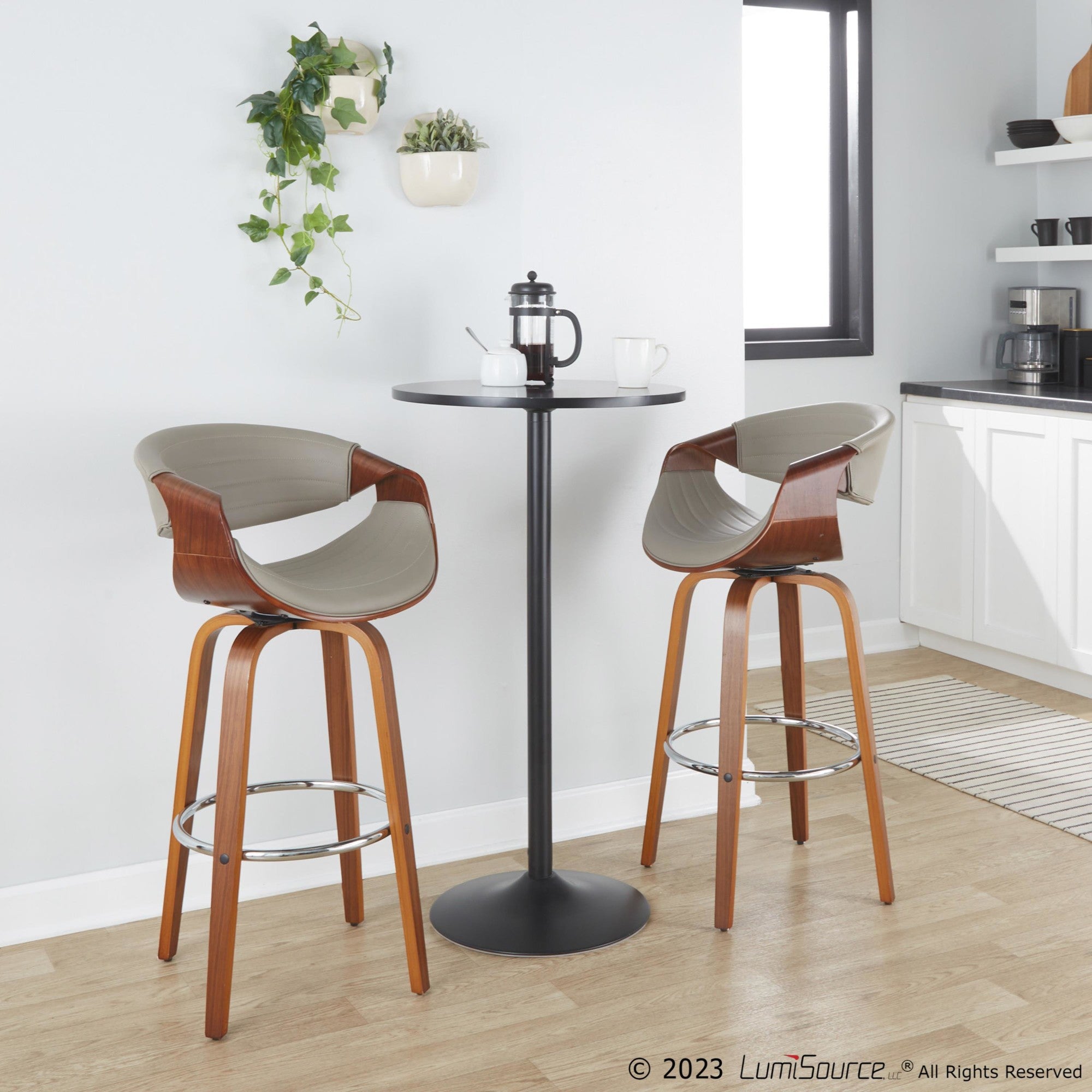 Symphony 30" Fixed-Height Barstool - Set of 2 - Walnut Wood, Chrome Metal, Grey PU