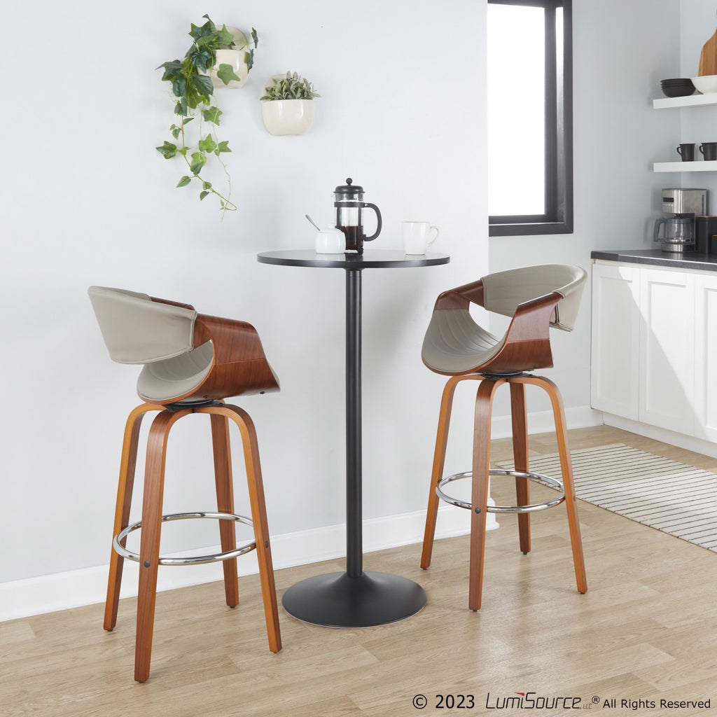 Symphony 30" Fixed-Height Barstool - Set of 2 - Walnut Wood, Chrome Metal, Grey PU