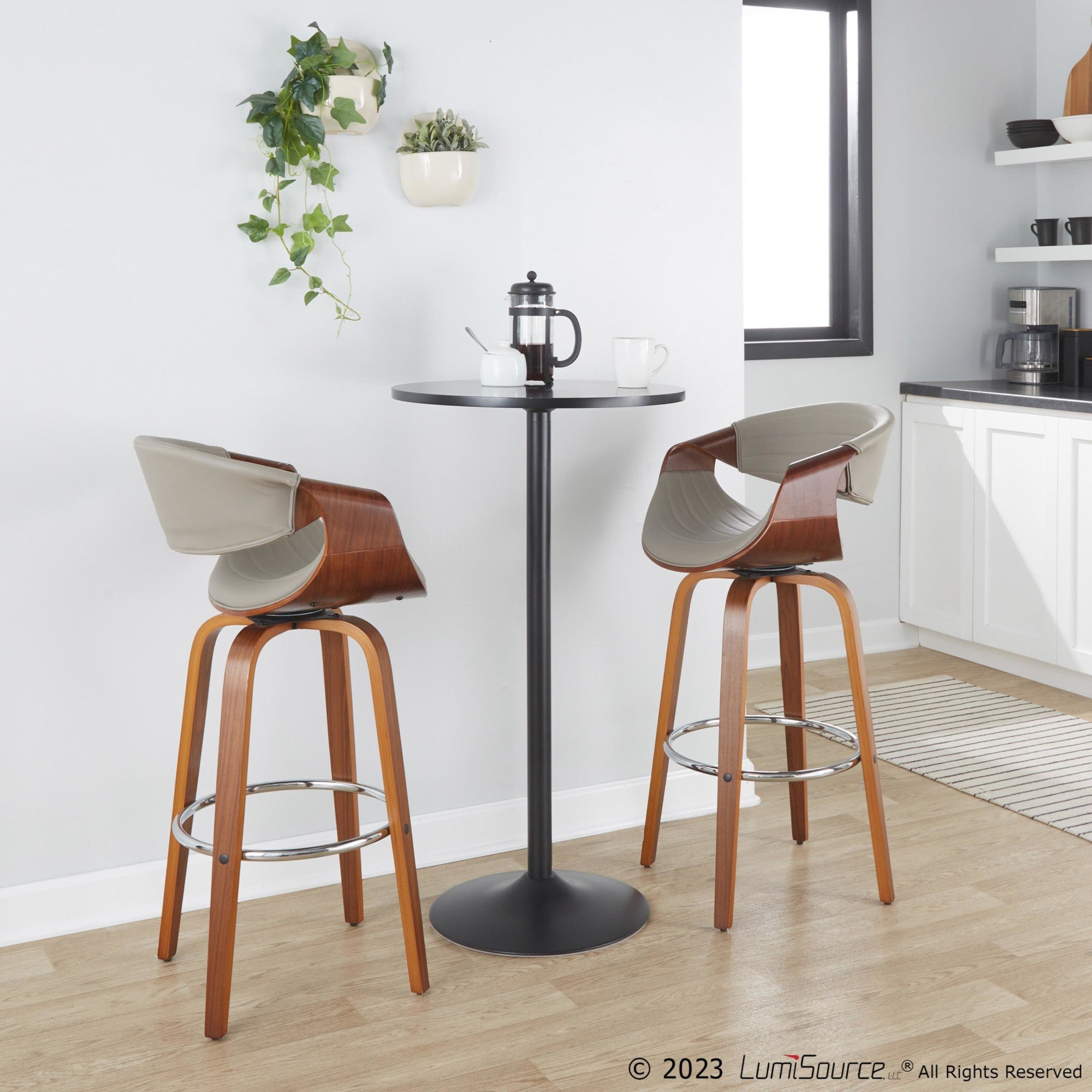 Symphony 30" Fixed-Height Barstool - Set of 2 - Walnut Wood, Chrome Metal, Grey PU
