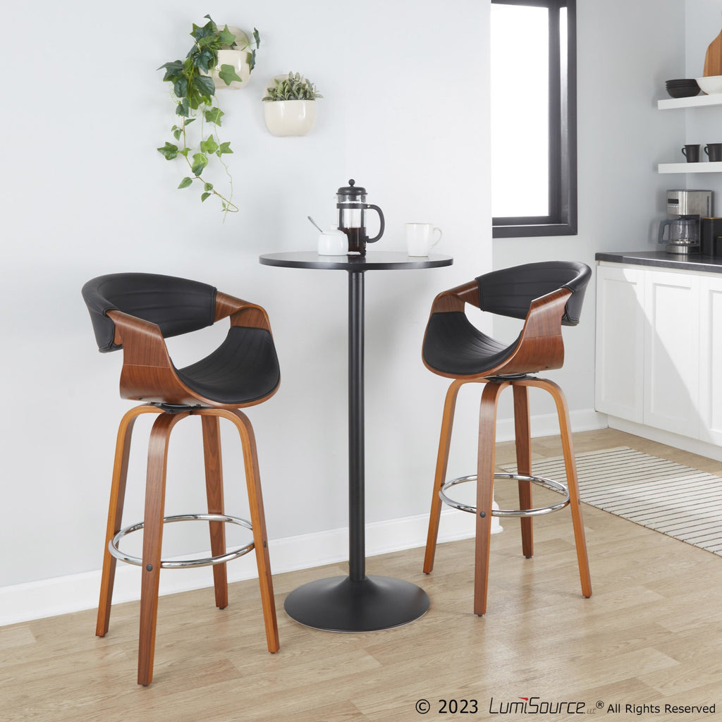 Symphony 30" Fixed-Height Barstool - Set of 2 - Walnut Wood, Chrome Metal, Black PU