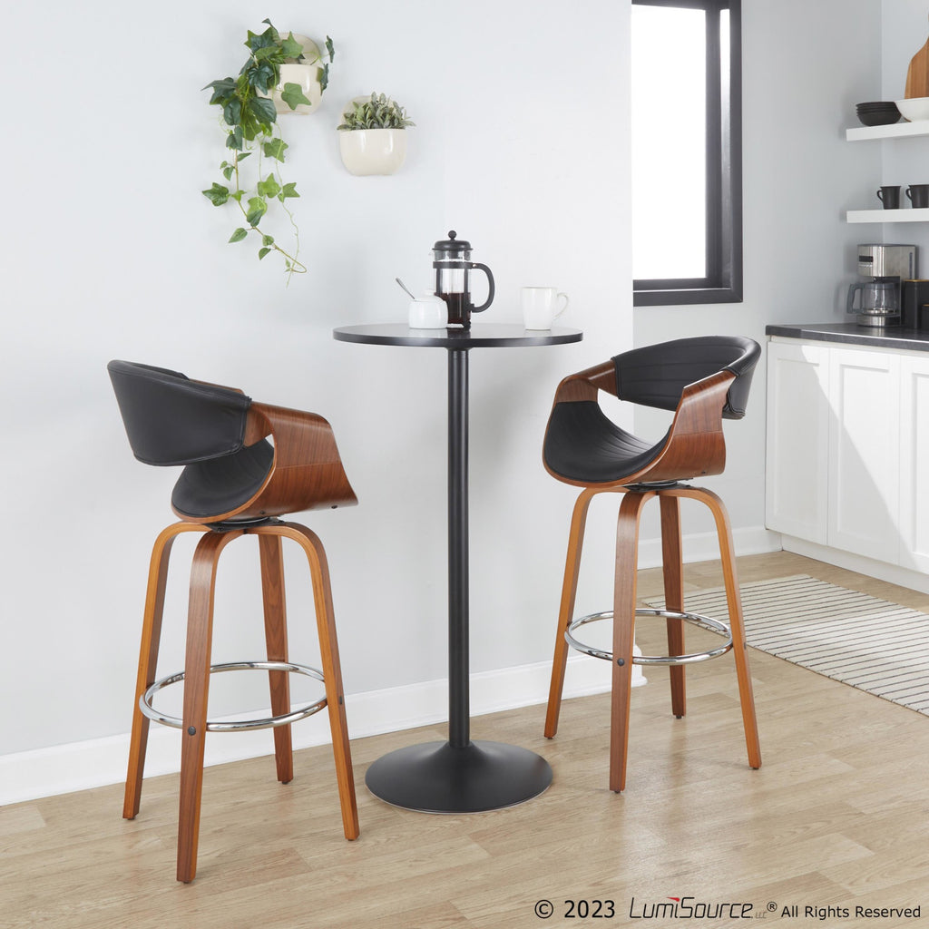 Symphony 30" Fixed-Height Barstool - Set of 2 - Walnut Wood, Chrome Metal, Black PU