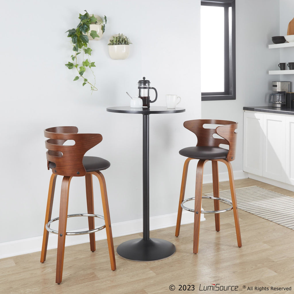 Cosini 30" Fixed-Height Barstool - Set of 2 - Walnut Wood, Brown PU, Chrome Metal