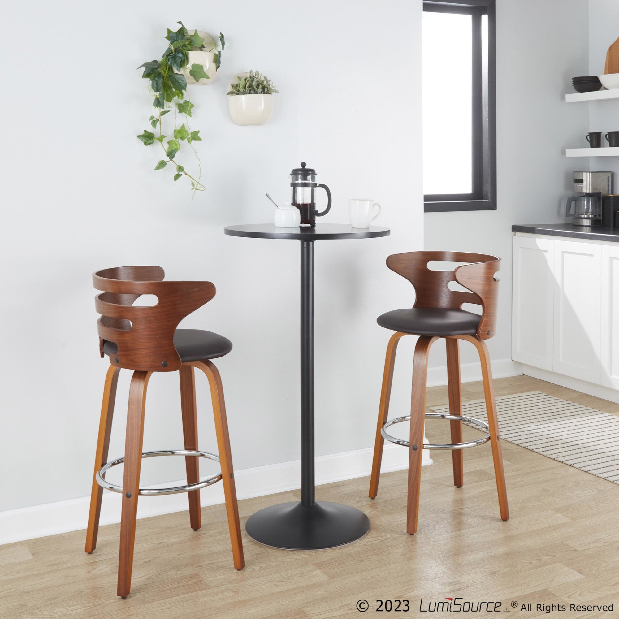 Cosini 30" Fixed-Height Barstool - Set of 2 - Walnut Wood, Brown PU, Chrome Metal