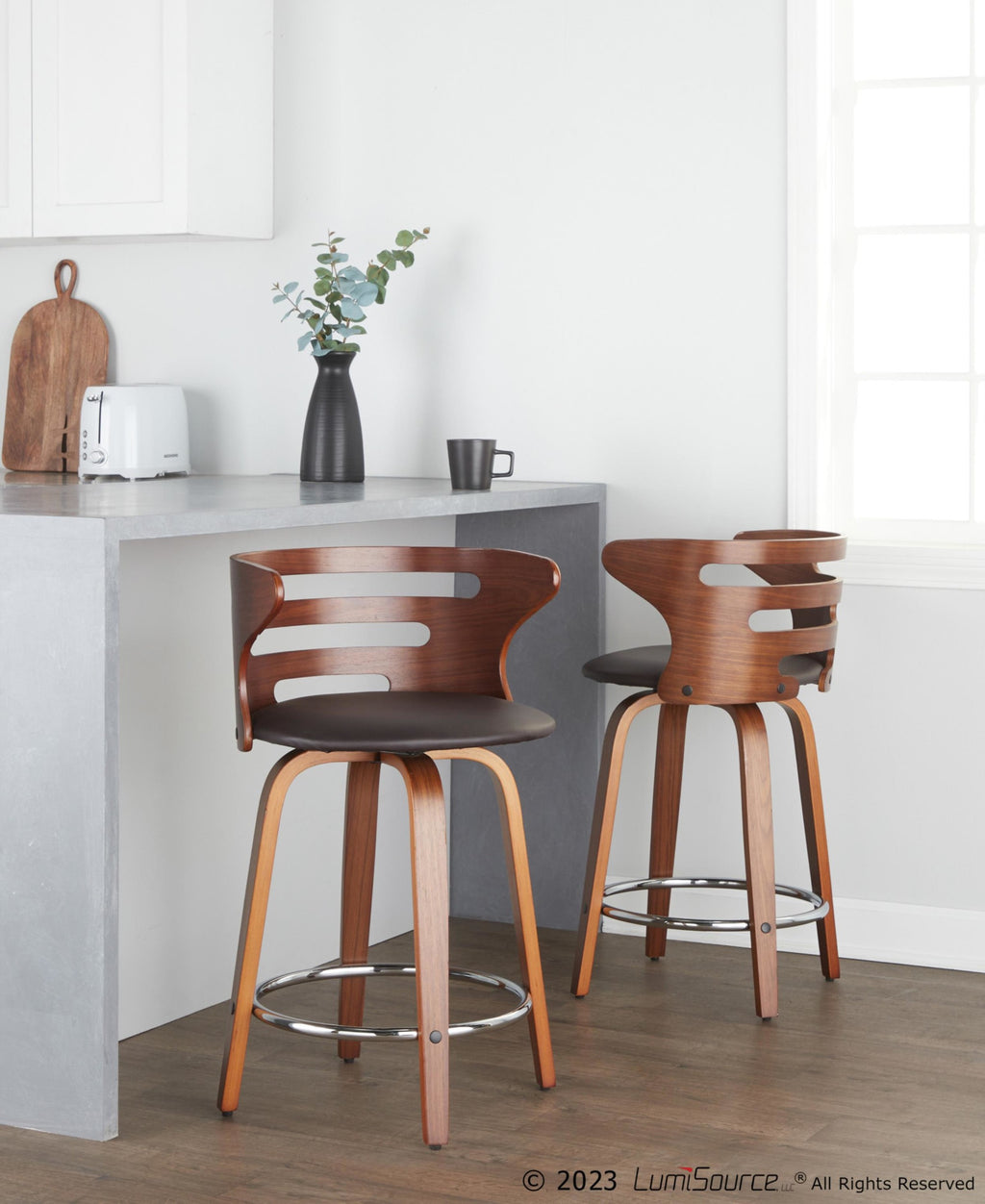 Cosini 24" Fixed-Height Counter Stool - Set of 2 - Walnut Wood, Brown PU, Chrome Metal