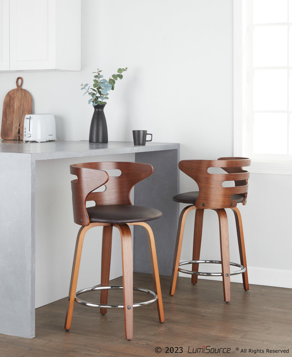 Cosini 24" Fixed-Height Counter Stool - Set of 2 - Walnut Wood, Brown PU, Chrome Metal