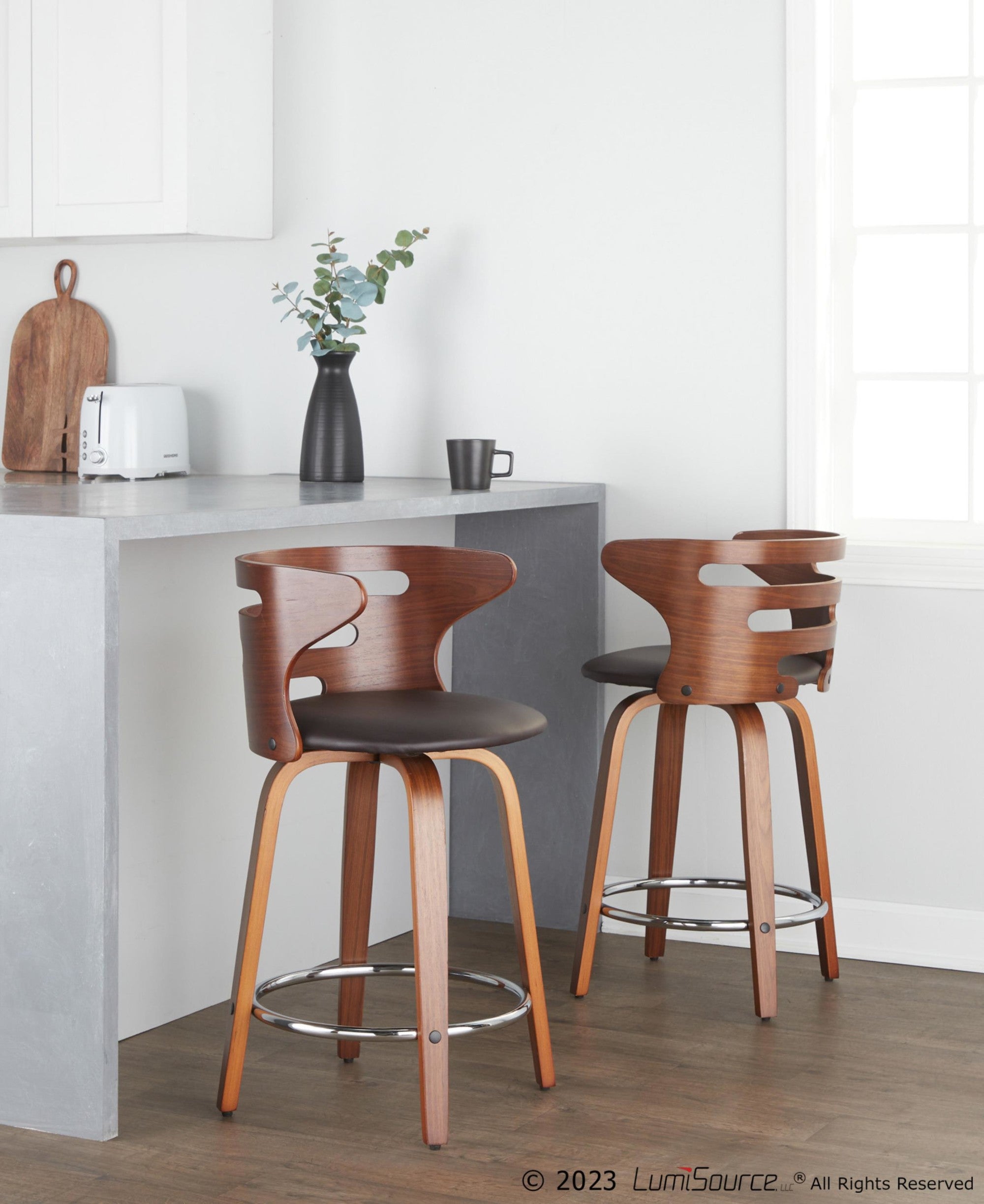 Cosini 24" Fixed-Height Counter Stool - Set of 2 - Walnut Wood, Brown PU, Chrome Metal