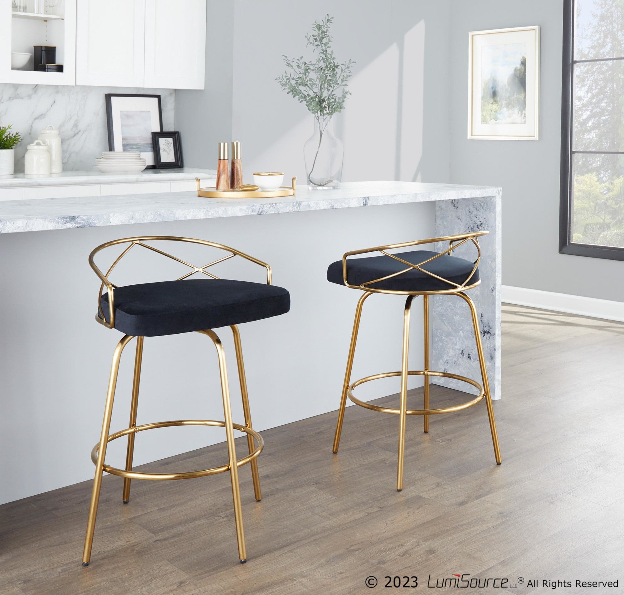Charlotte Glam 26" Fixed-Height Counter Stool - Set of 2 - Gold Metal, Black Velvet
