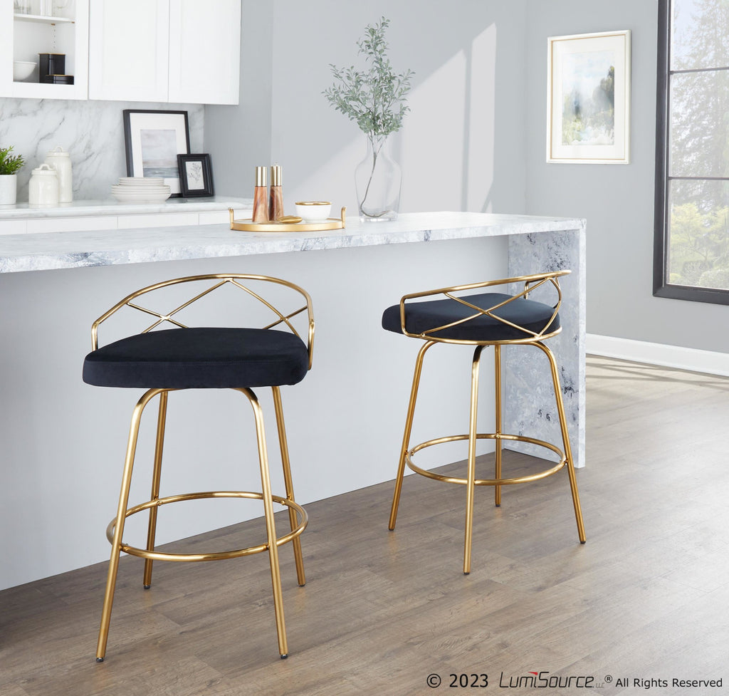 Charlotte Glam 26" Fixed-Height Counter Stool - Set of 2 - Gold Metal, Black Velvet
