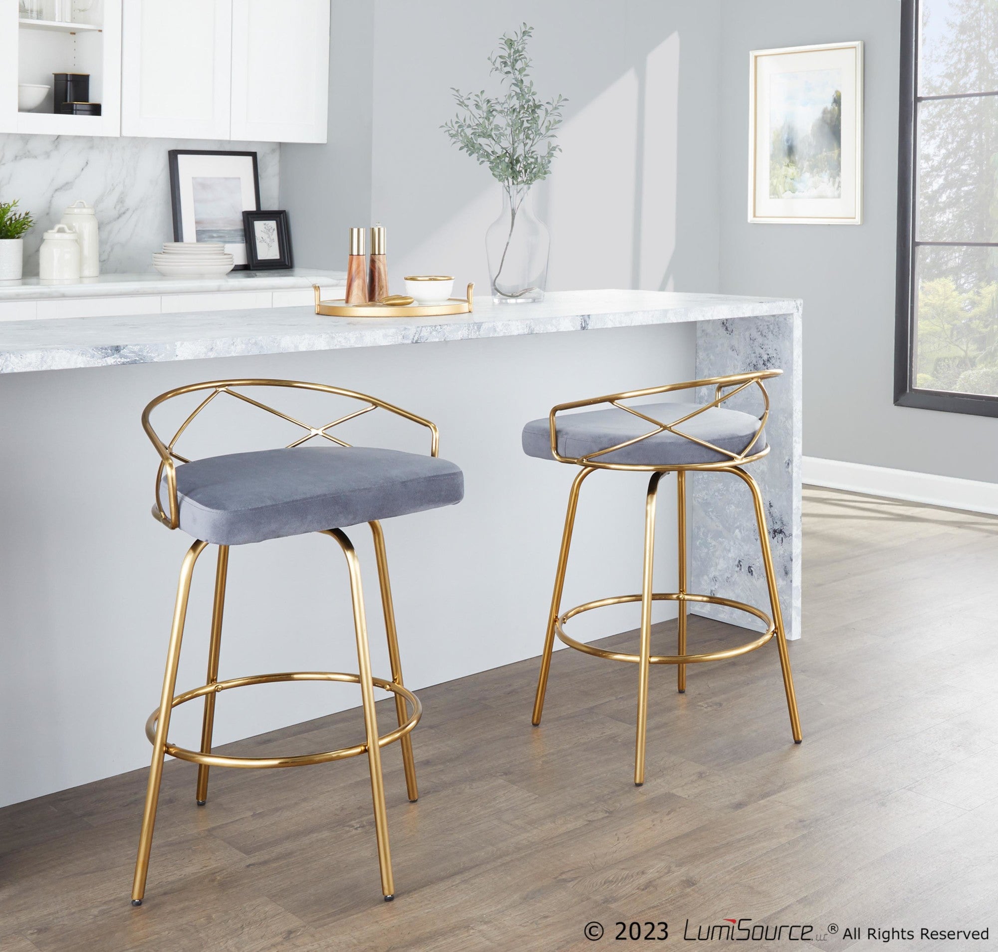 Charlotte Glam 26" Fixed-Height Counter Stool - Set of 2 - Gold Metal, Grey Velvet