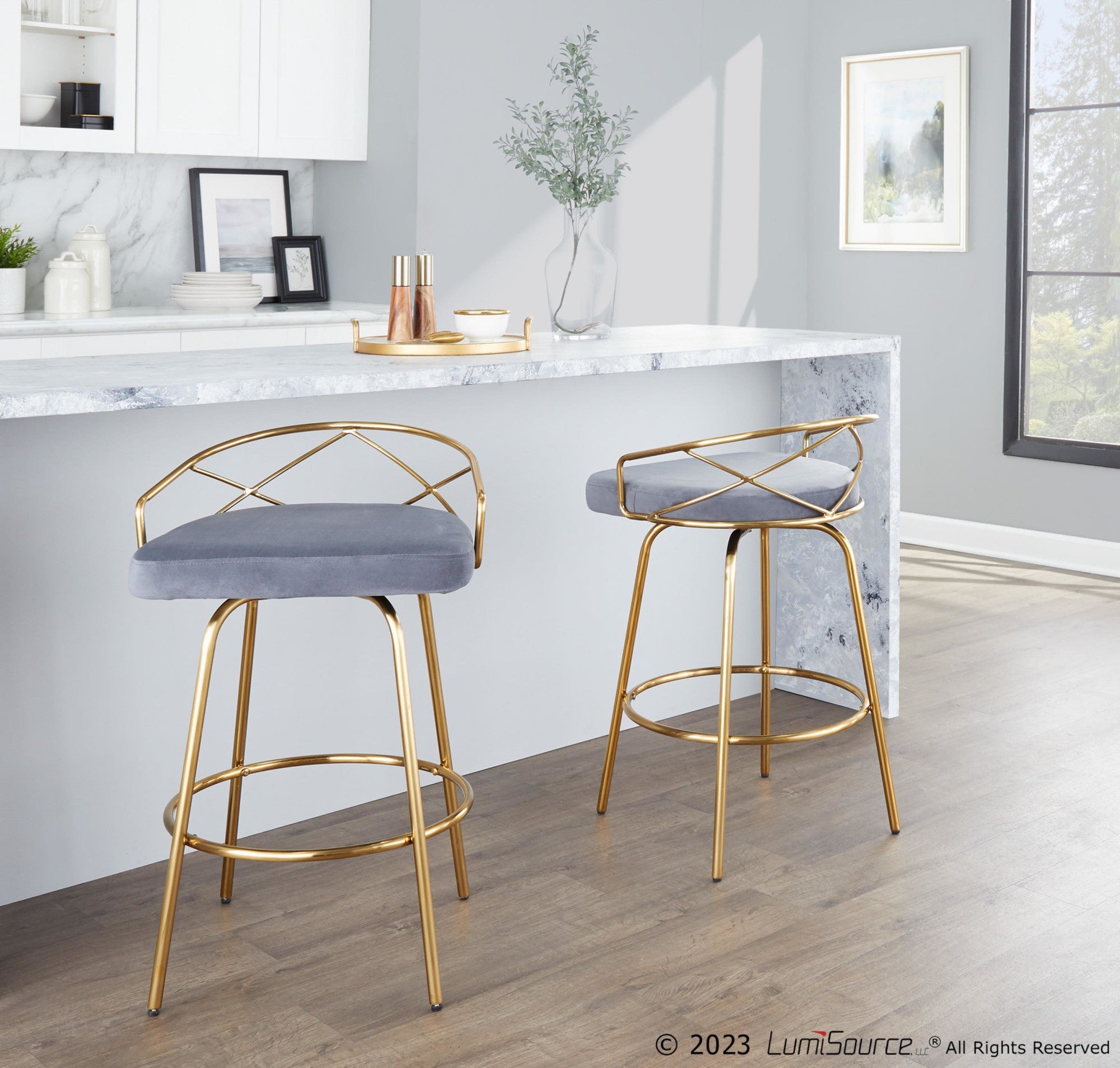 Charlotte Glam 26" Fixed-Height Counter Stool - Set of 2 - Gold Metal, Grey Velvet