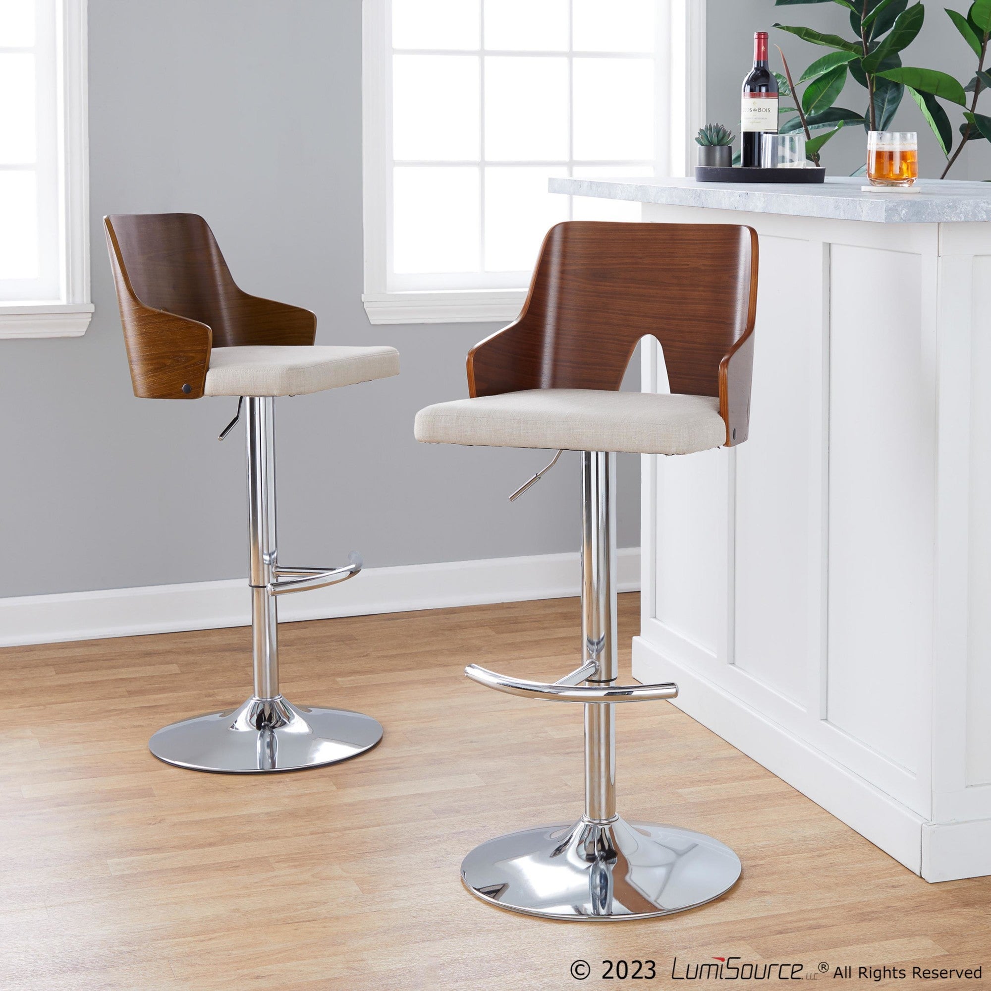 Ariana Adjustable Barstool - Set of 2 - Chrome Metal, Walnut Wood, Beige Fabric