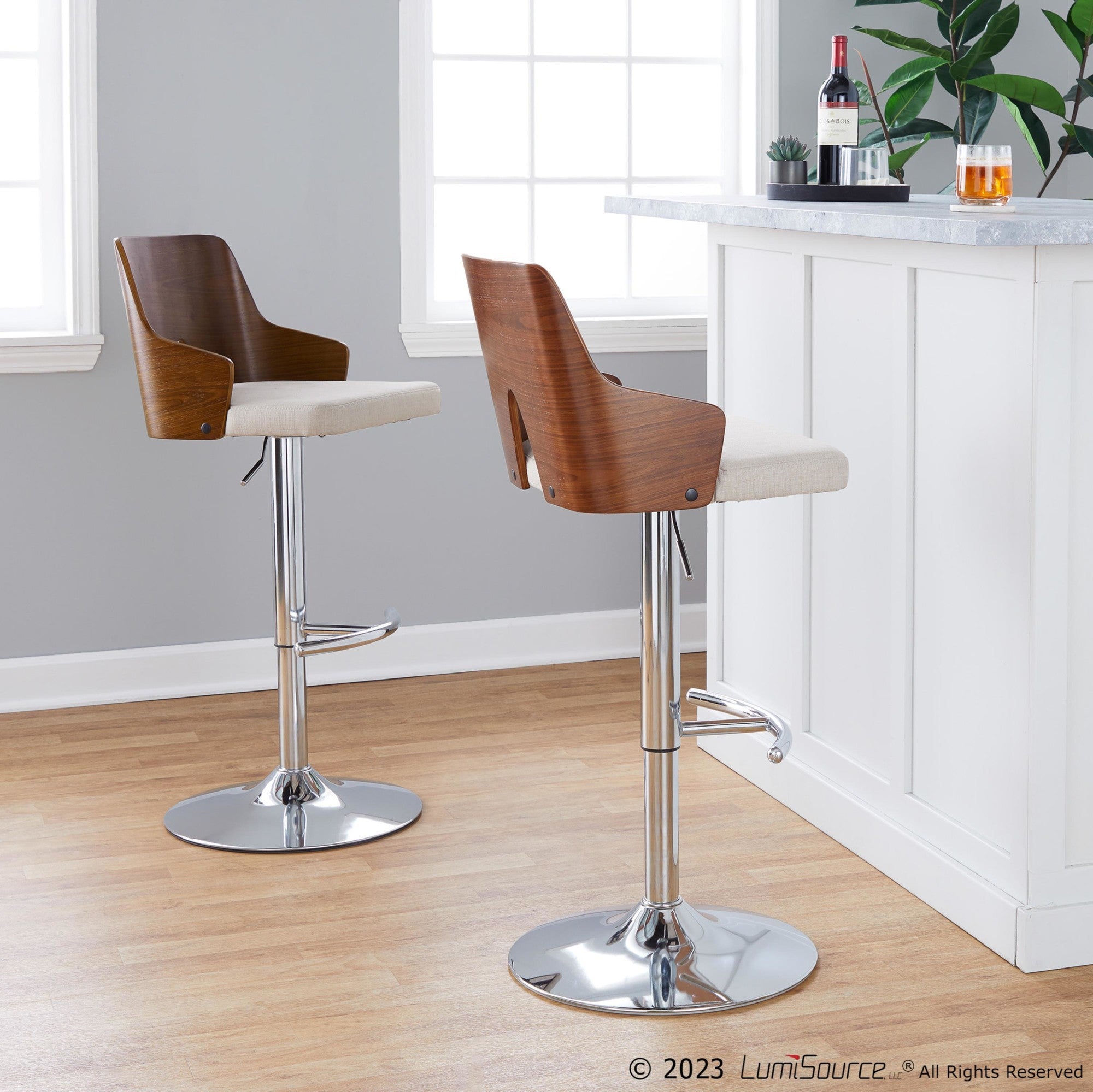 Ariana Adjustable Barstool - Set of 2 - Chrome Metal, Walnut Wood, Beige Fabric