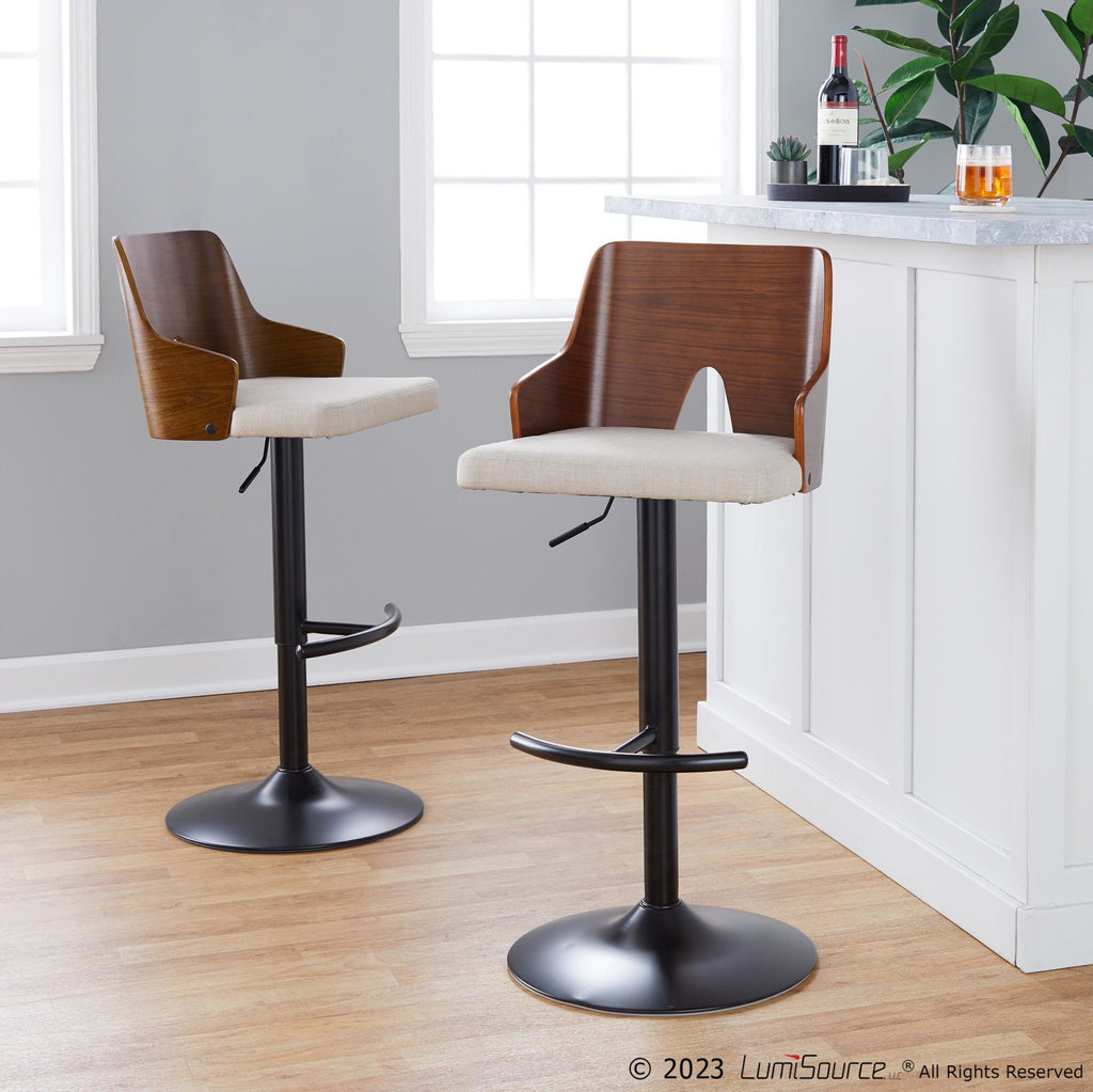 Ariana Adjustable Barstool - Set of 2 - Black Metal, Walnut Wood, Beige Fabric