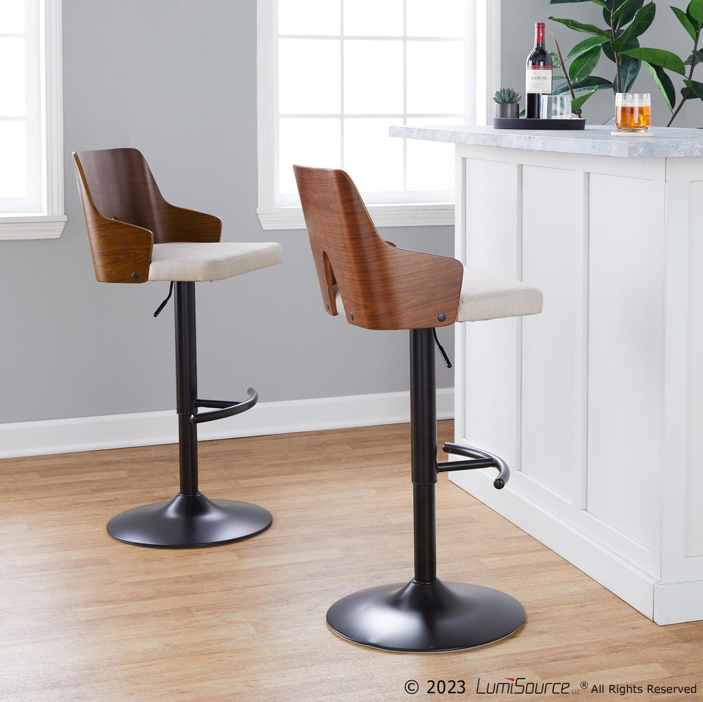Ariana Adjustable Barstool - Set of 2 - Black Metal, Walnut Wood, Beige Fabric