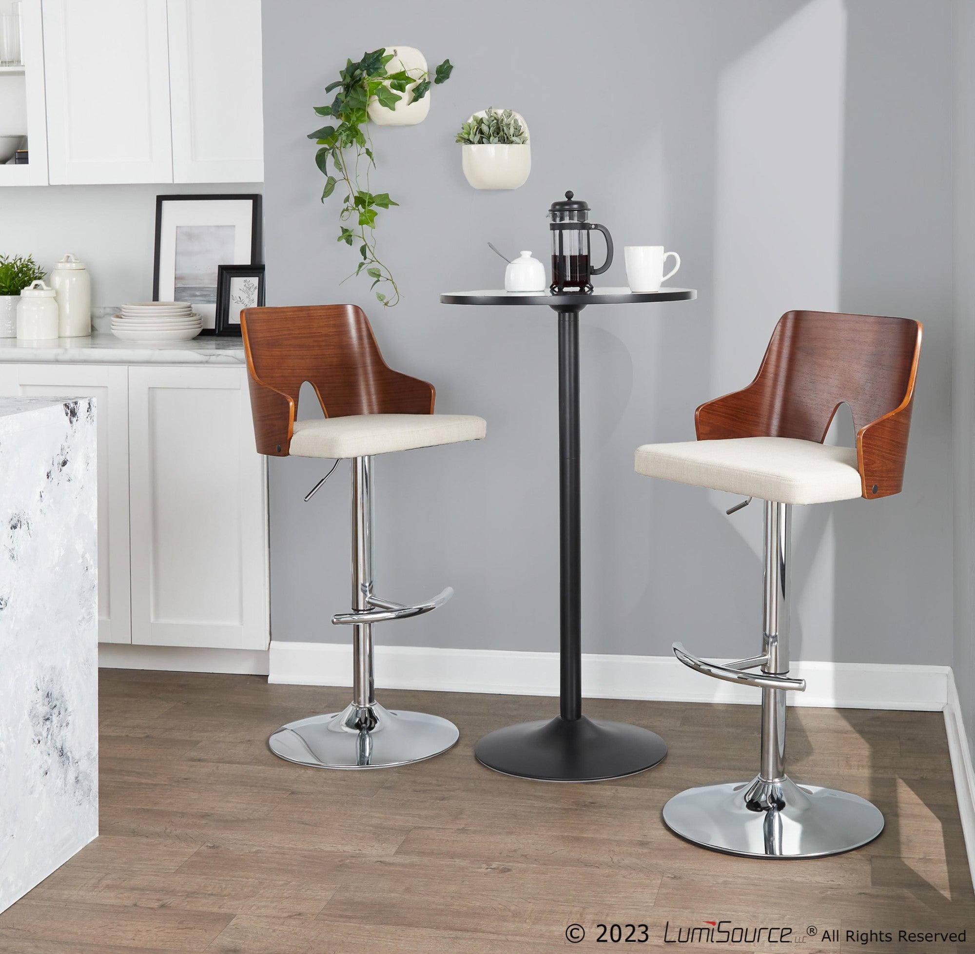 Ariana Adjustable Barstool - Set of 2 - Chrome Metal, Walnut Wood, Beige Fabric