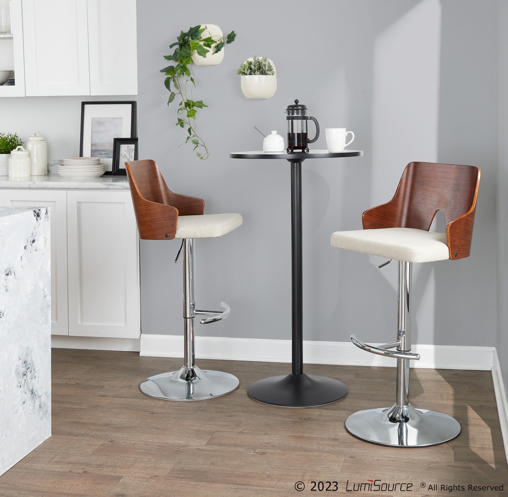 Ariana Adjustable Barstool - Set of 2 - Chrome Metal, Walnut Wood, Beige Fabric