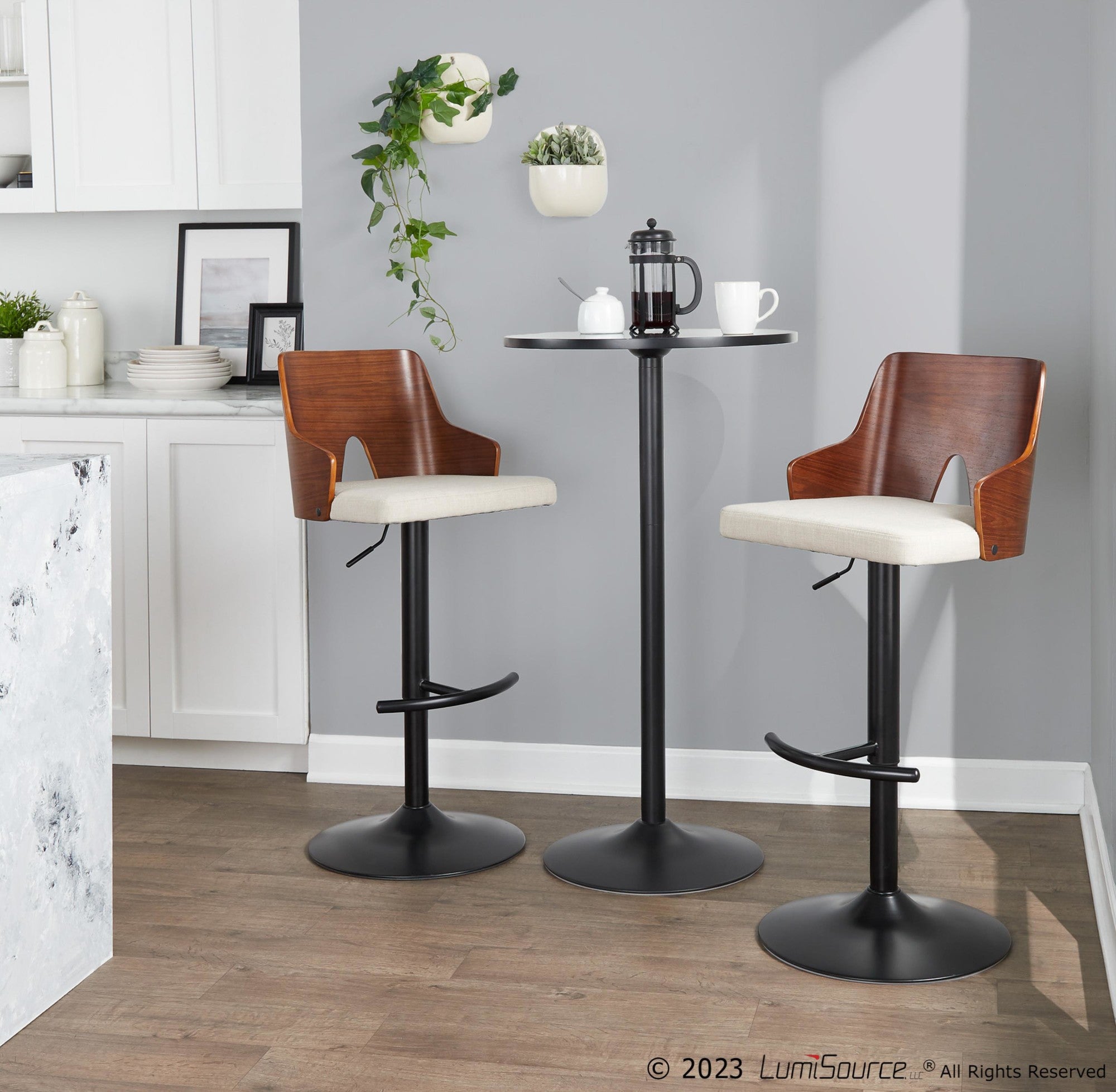 Ariana Adjustable Barstool - Set of 2 - Black Metal, Walnut Wood, Beige Fabric