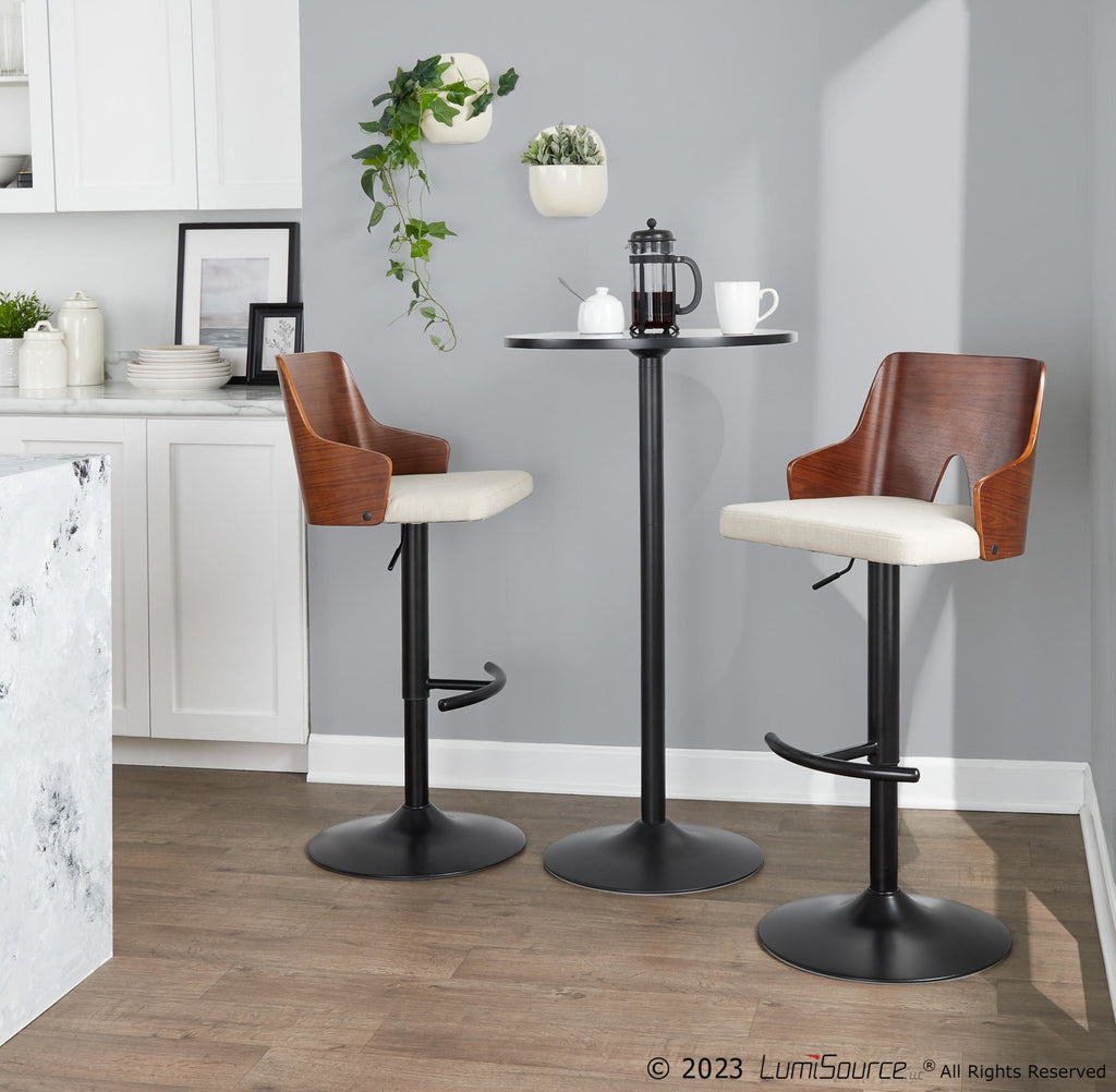 Ariana Adjustable Barstool - Set of 2 - Black Metal, Walnut Wood, Beige Fabric